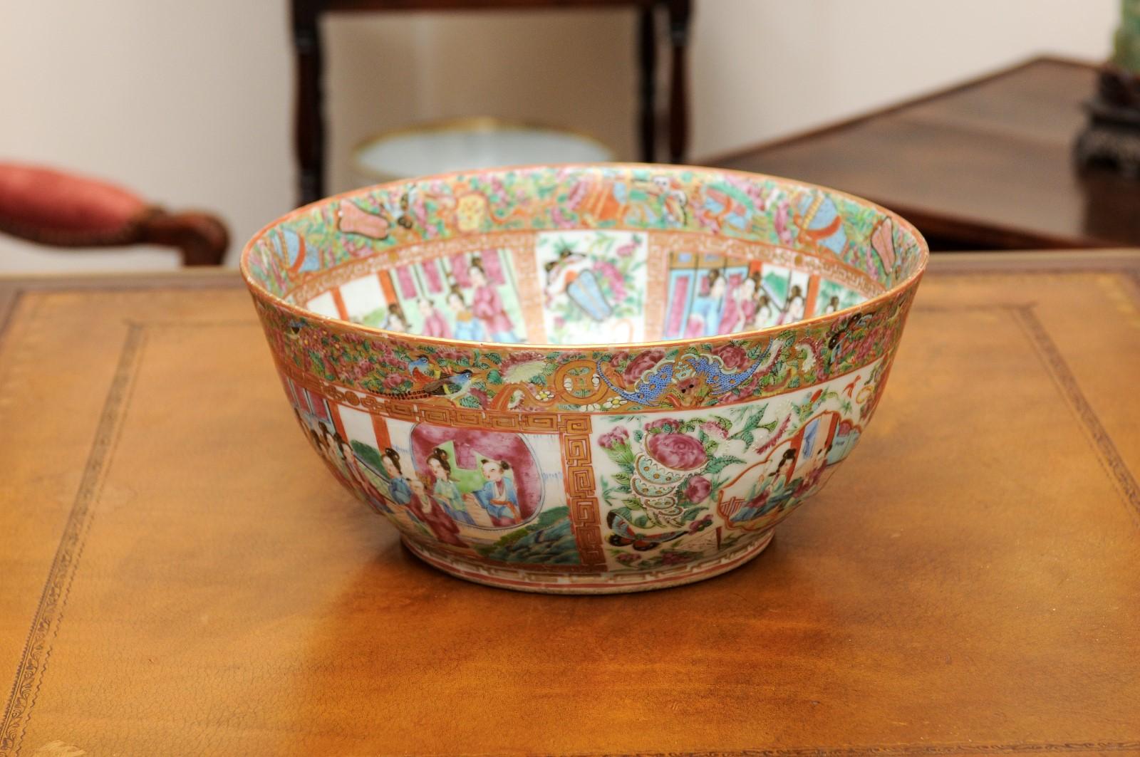Chinese Export Rose Medallion Punch Porcelain Bowl with Greek Key For Sale 5