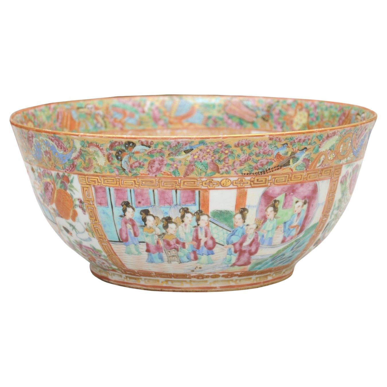 Chinese Export Rose Medallion Punch Porcelain Bowl with Greek Key For Sale