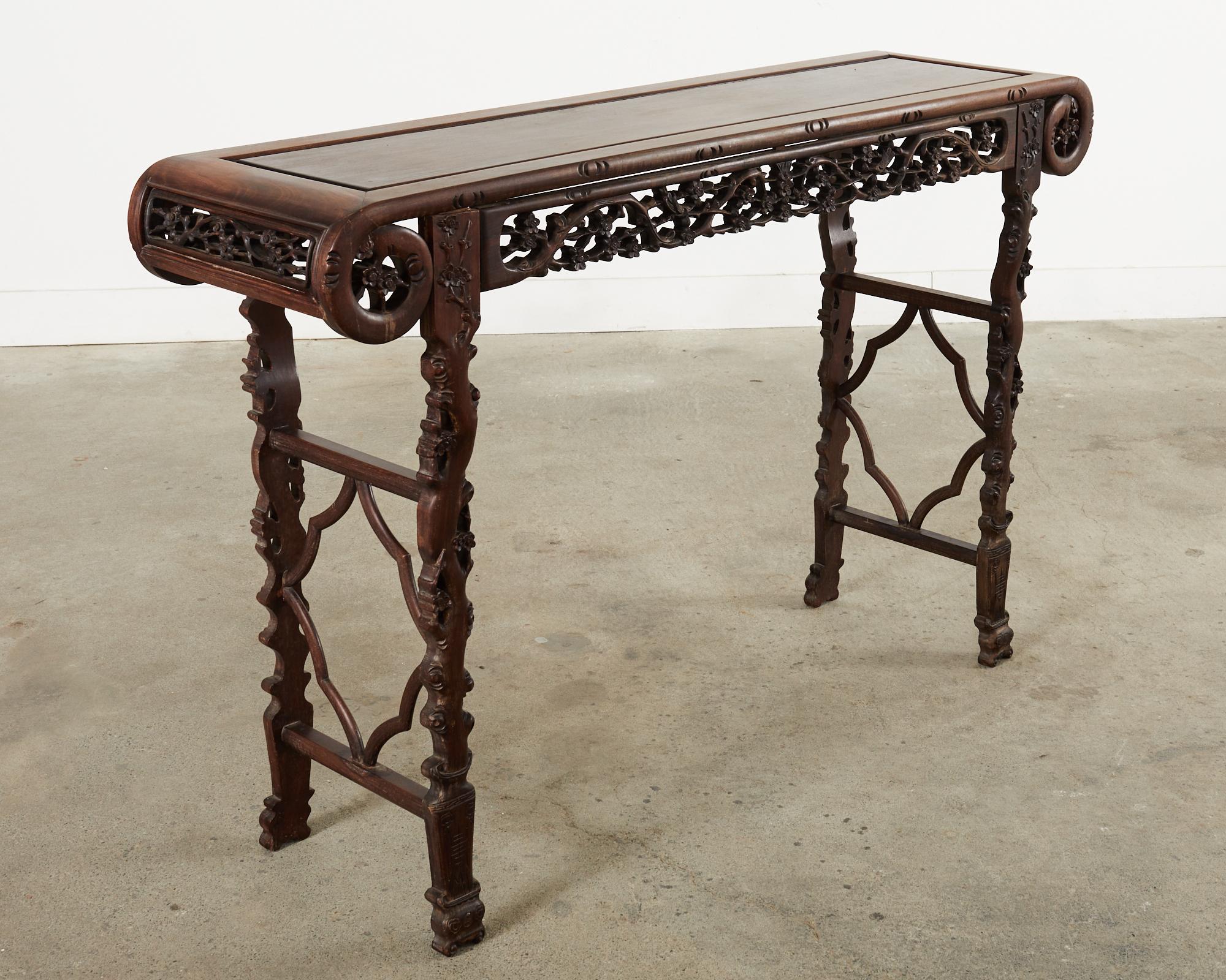 Hand-Carved Chinese Export Rosewood Carved Altar Console Table For Sale