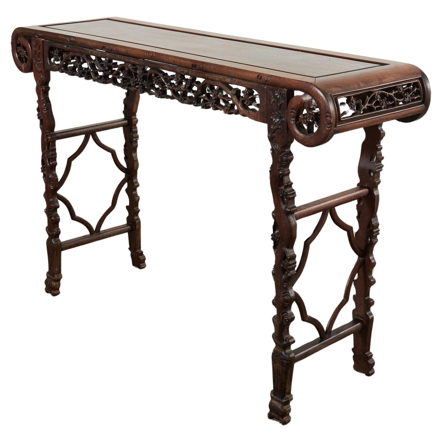 Chinese Export Rosewood Carved Altar Console Table For Sale