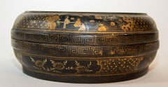Chinesisch Export Runde Box schwarz lackiert vergoldet gemalt abgedeckt Box 1950s
