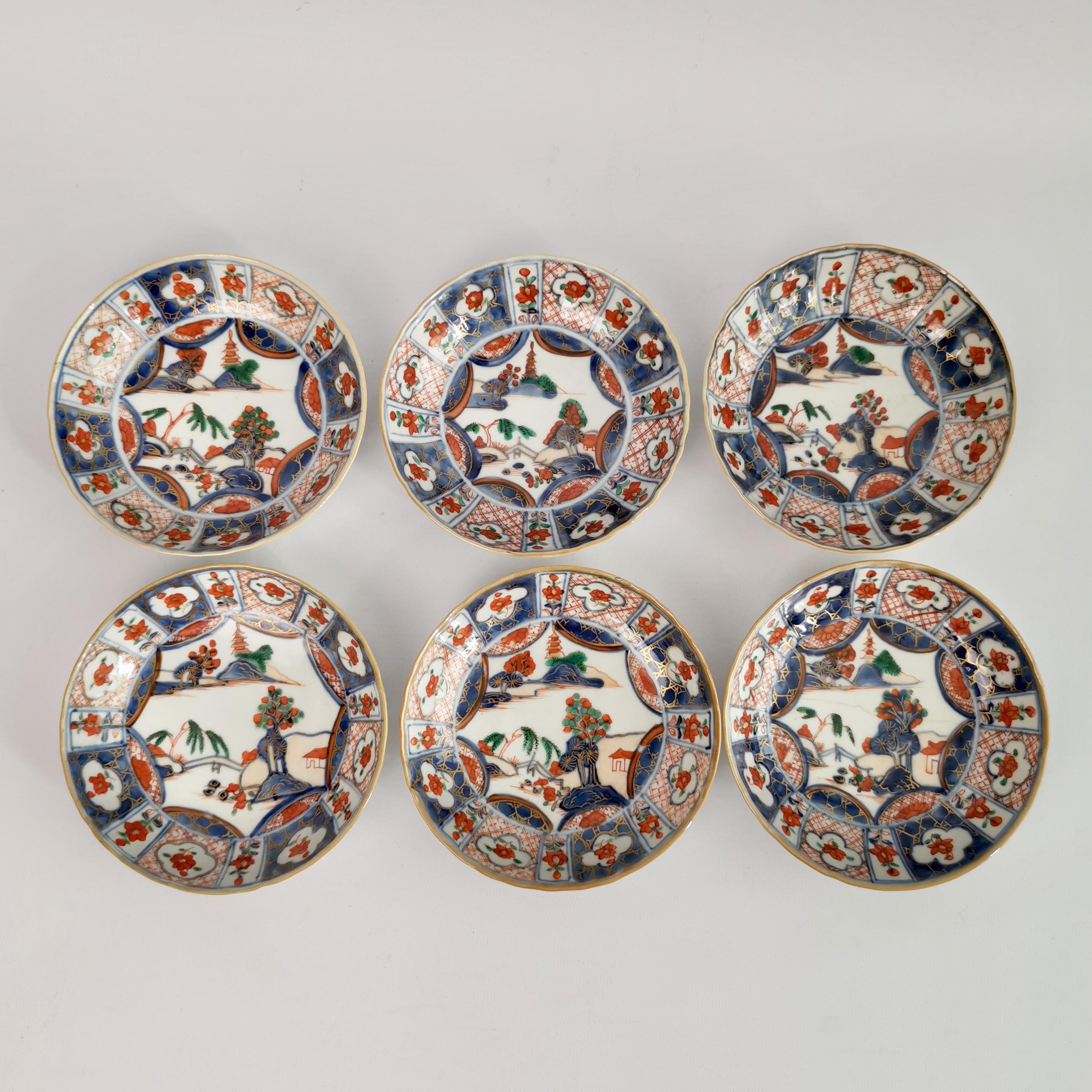 Chinese Export Set of 6 Tea Bowls, Imari Lake Landscape, Qianlong 18th C 6