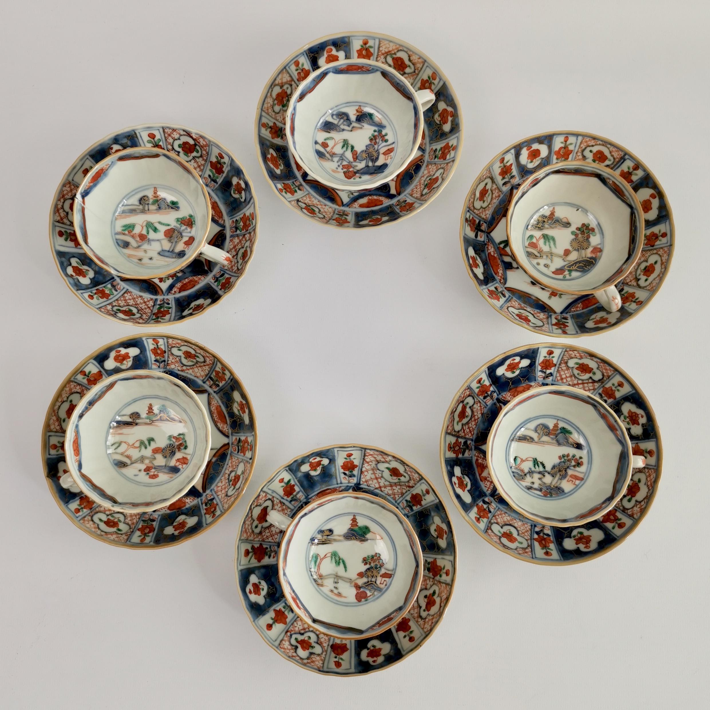 Hand-Painted Chinese Export Set of 6 Tea Bowls, Imari Lake Landscape, Qianlong 18th C