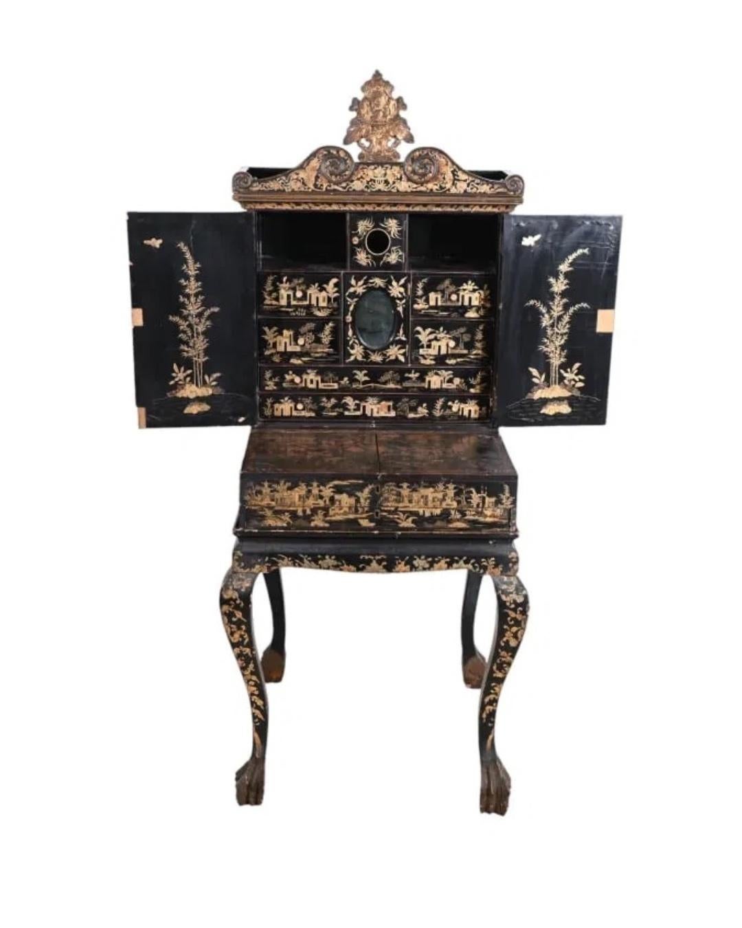 Antique Chinese Export Gilt and Black Lacquered  Bonheur-Du-Jour Sewing CabinetMeasures 64 inches x 26 inches x 26 inches.
