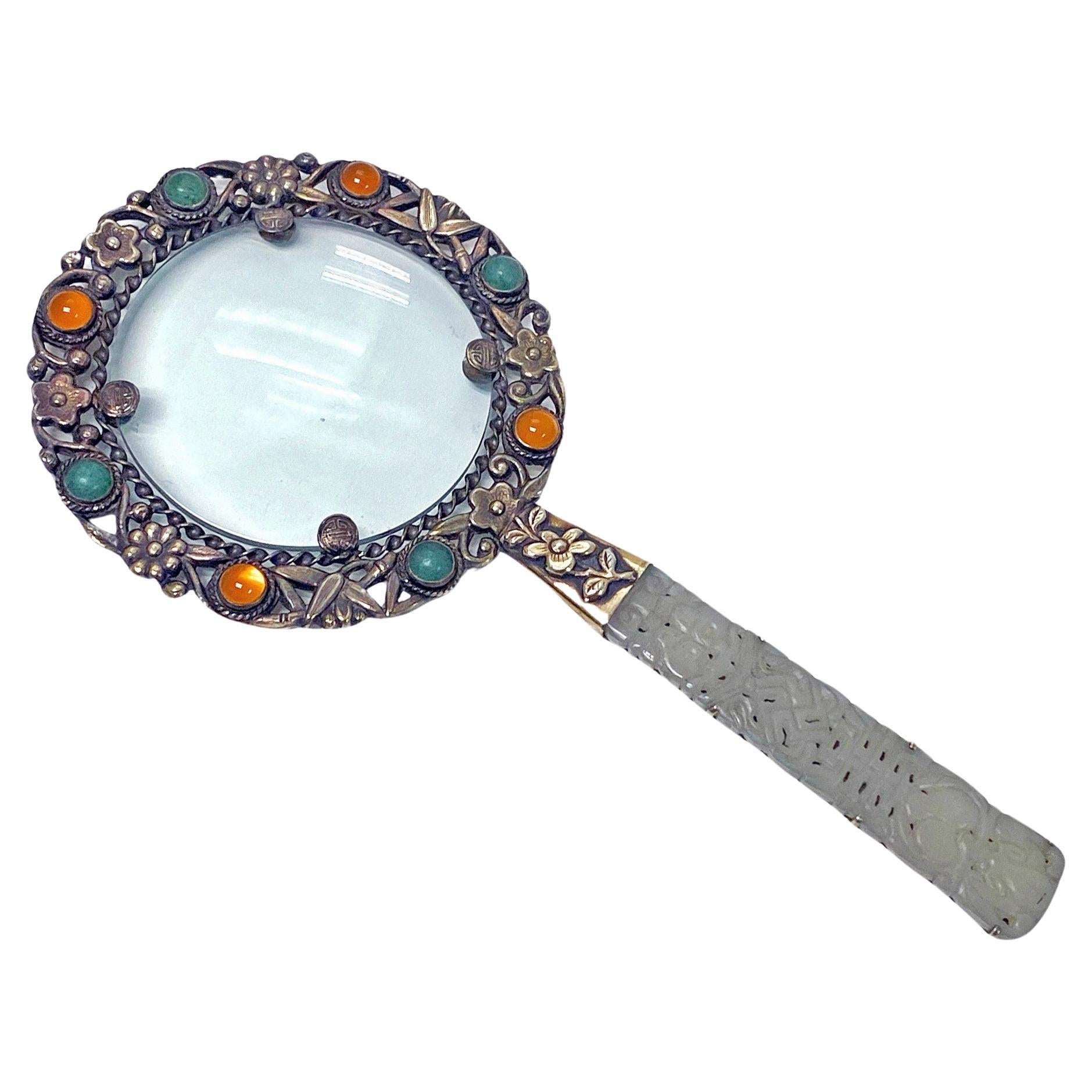  Chinese Export Silver and Jade Magnifying Glass, C.1890 For Sale