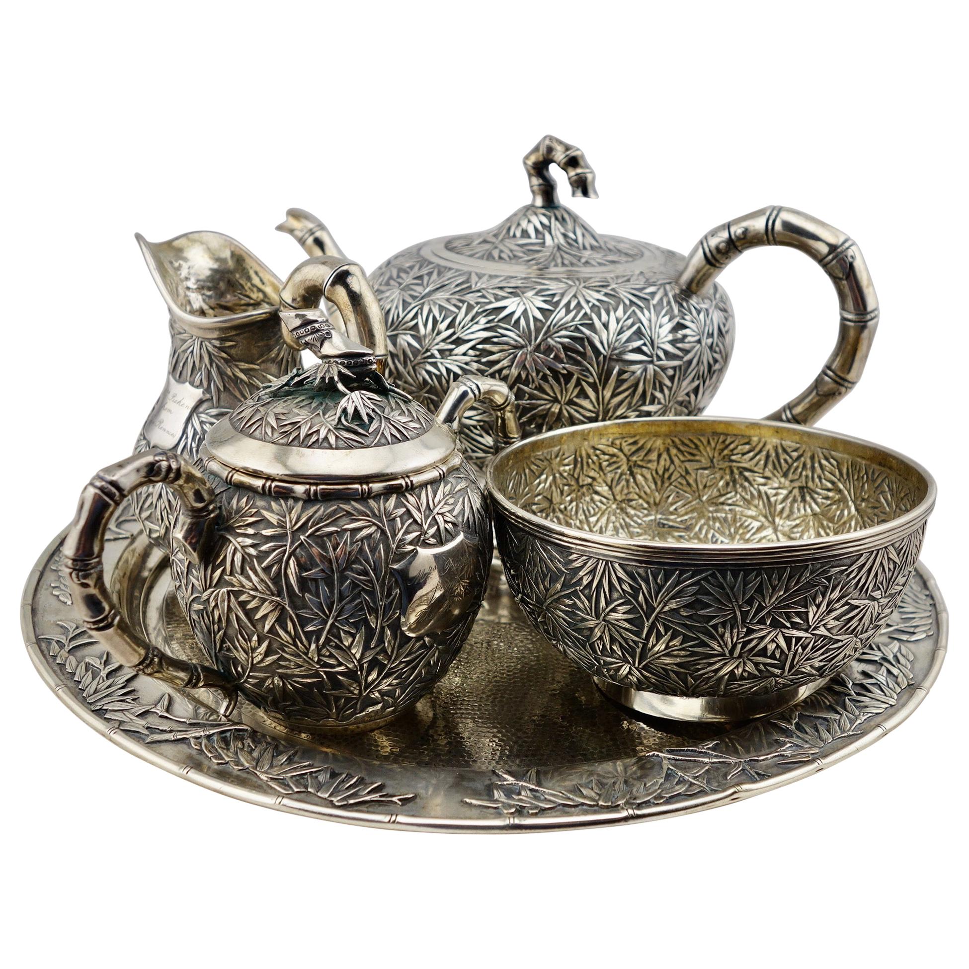 Chinesisches Teeservice aus Silber mit Bambusmuster, um 1880, Chinesischer Export im Angebot