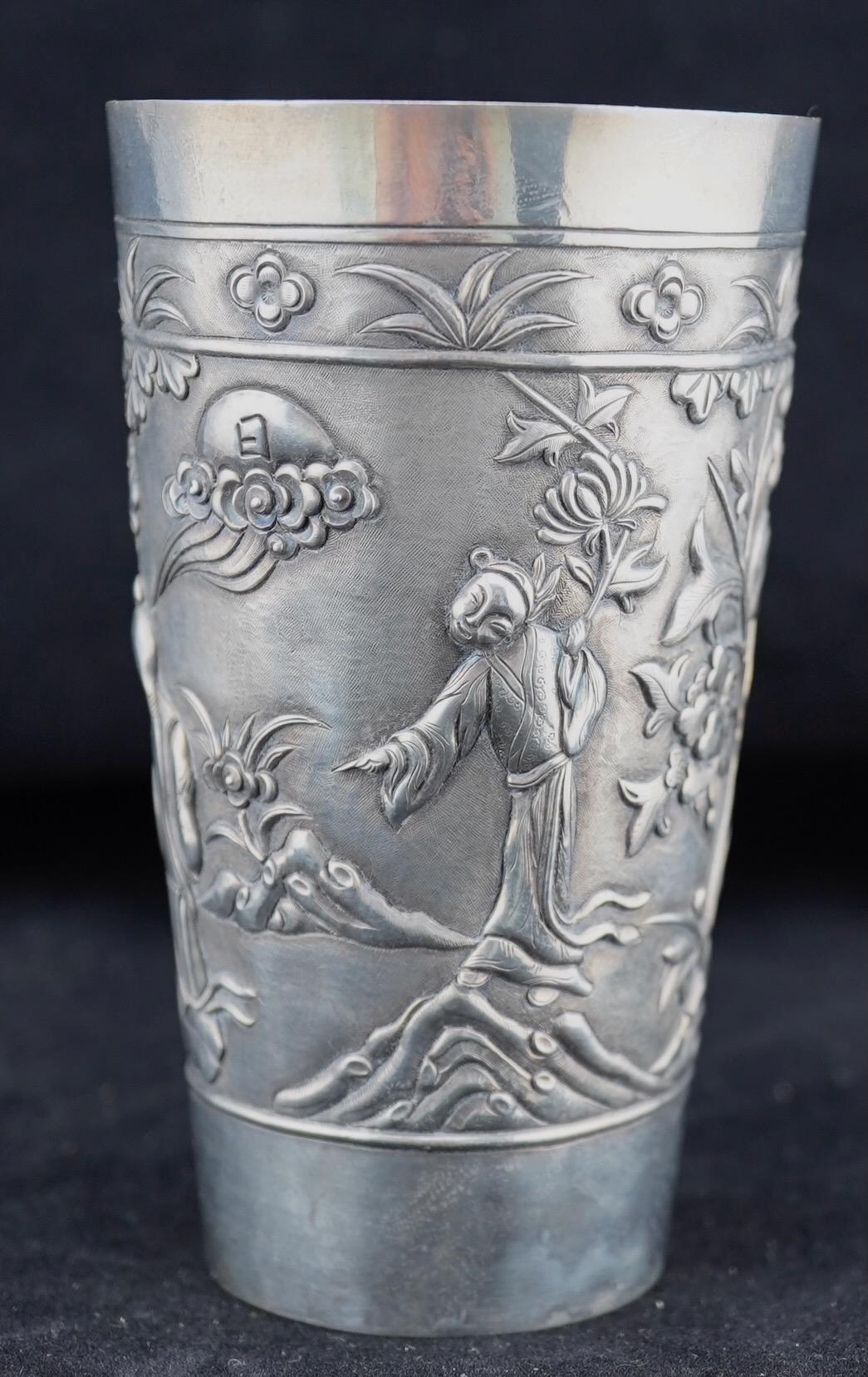 Hammered Chinese Export Silver Beaker, circ 1890's For Sale