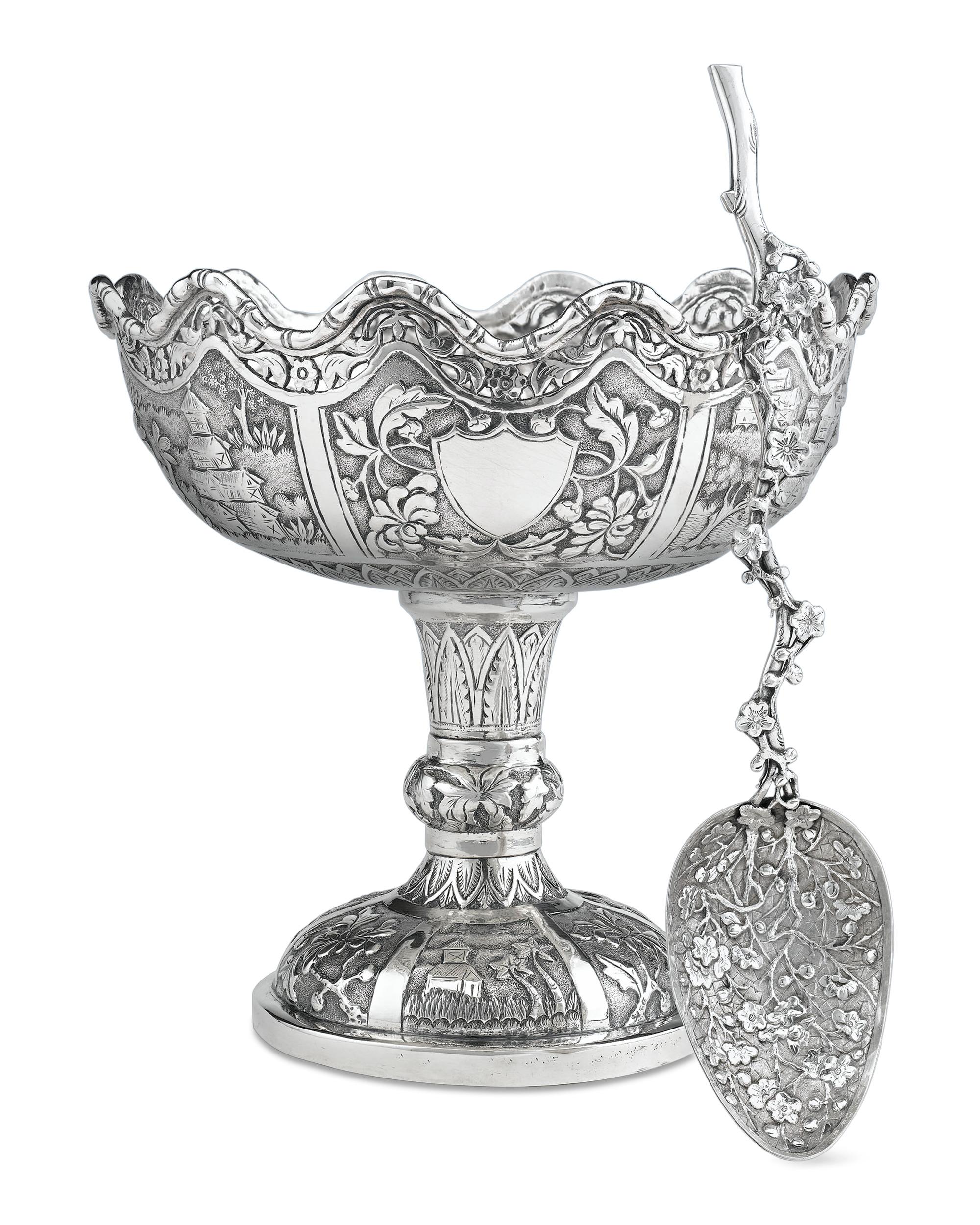 This delightful and extremely rare spoon and bowl pair exemplifies the remarkable artistry of Chinese export silver. Chinese silver pieces are renowned for their exceptional quality and unique designs, and the majority are entirely hand crafted.