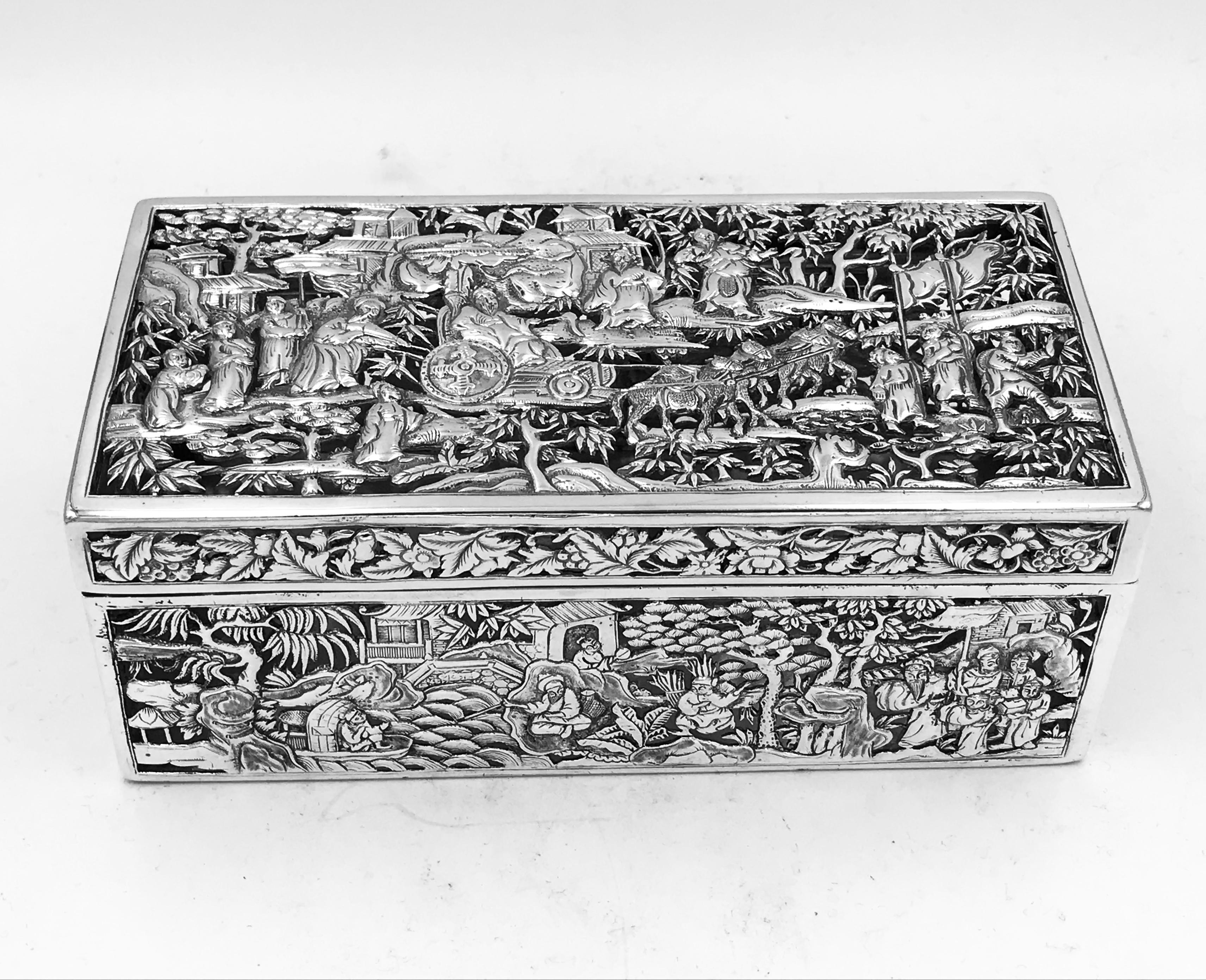 A Chinese export silver box pierced on five sides with figural court and battle scenes.
The box was made circa 1875, weighs 500gms and has the mark of Da Xing 大兴,
 