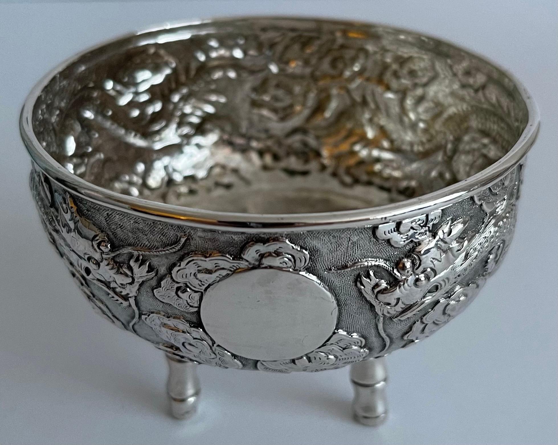 Chinese Export Silver Dragon Bowls, Set of 3 For Sale 5