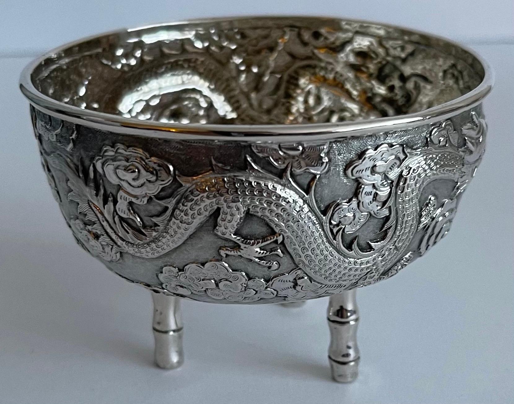 Chinese Export Silver Dragon Bowls, Set of 3 For Sale 7