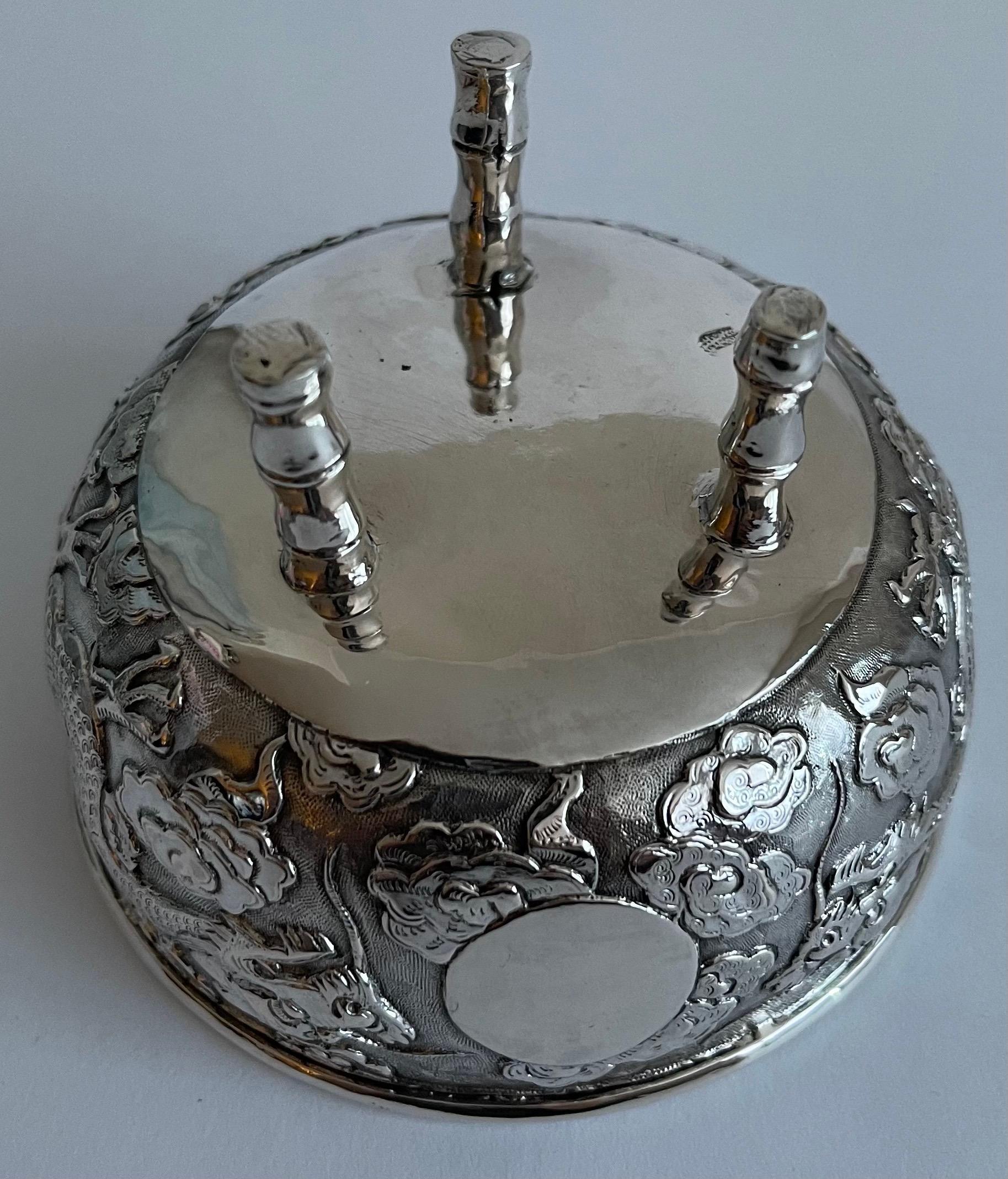 Chinese Export Silver Dragon Bowls, Set of 3 For Sale 9