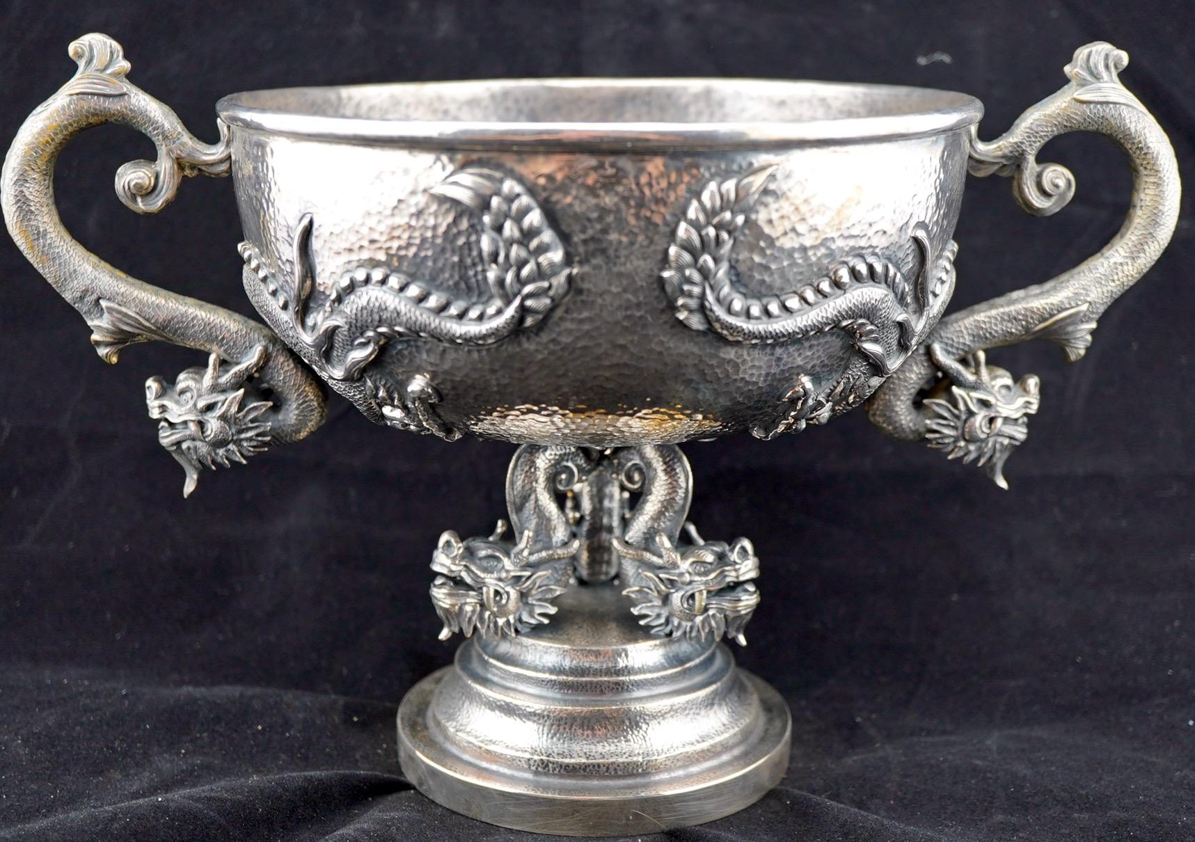 Cast Chinese Export Silver Dragon Repousse Centerpiece For Sale