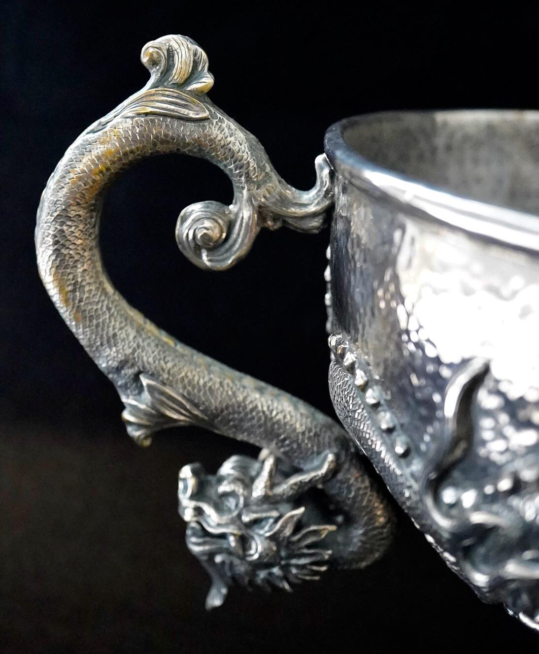 20th Century Chinese Export Silver Dragon Repousse Centerpiece For Sale