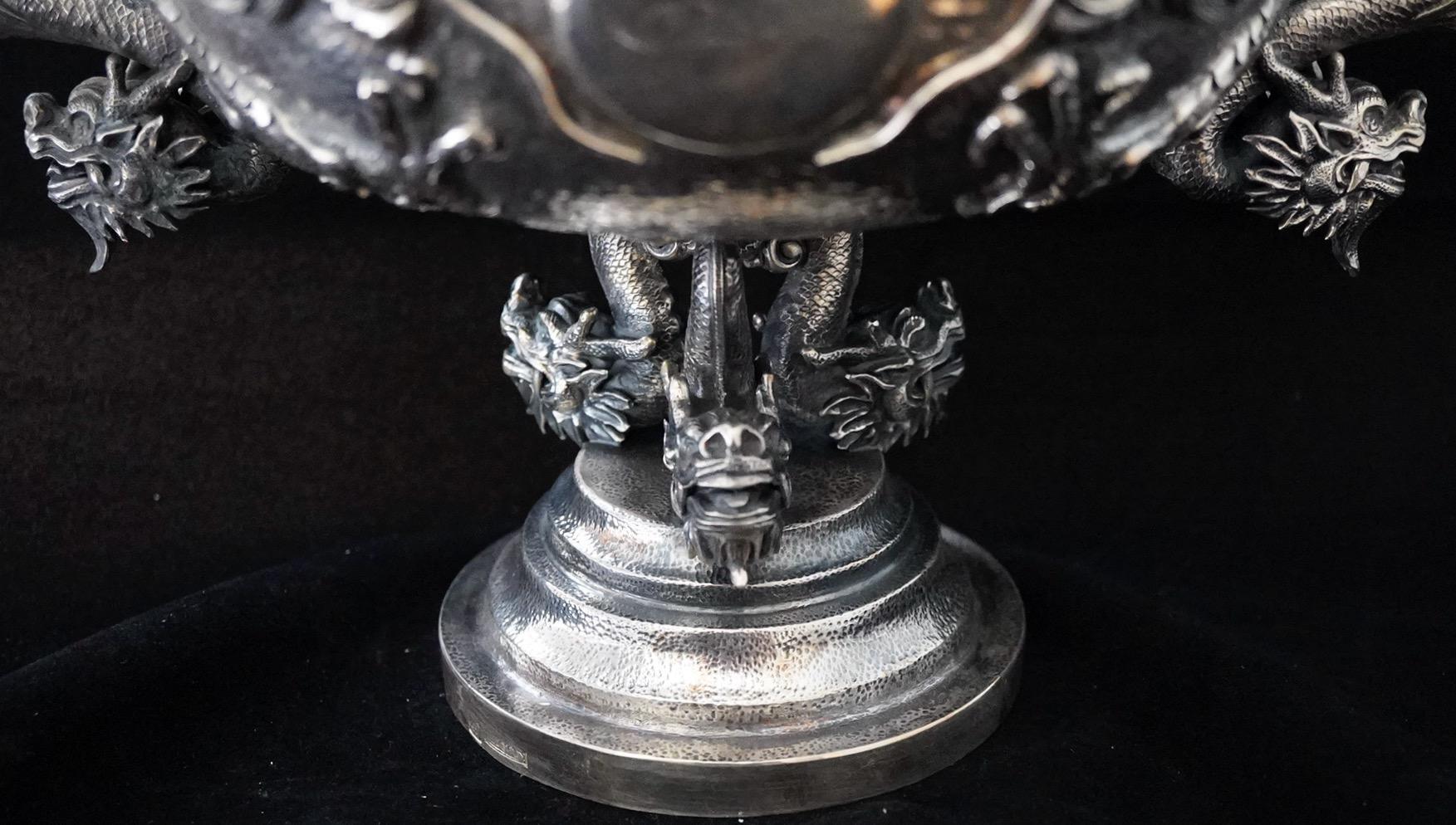 Chinese Export Silver Dragon Repousse Centerpiece For Sale 2