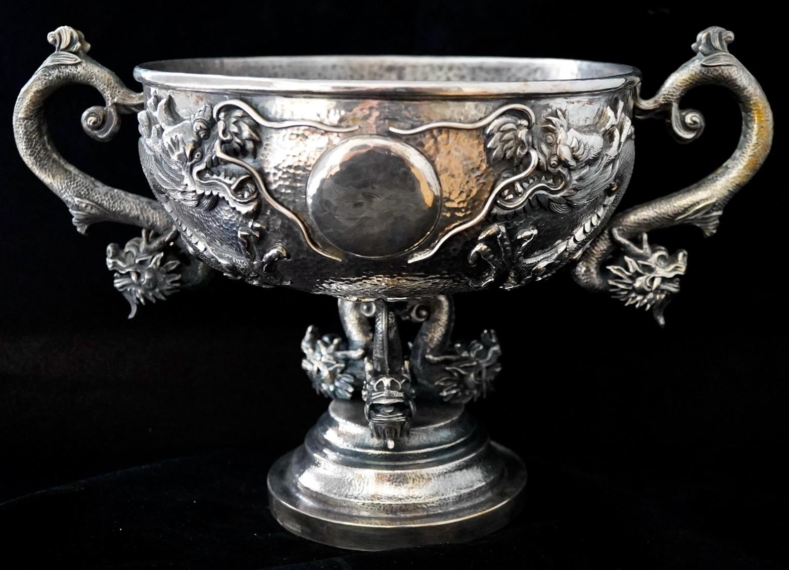 Chinese Export Silver Dragon Repousse Centerpiece For Sale 3