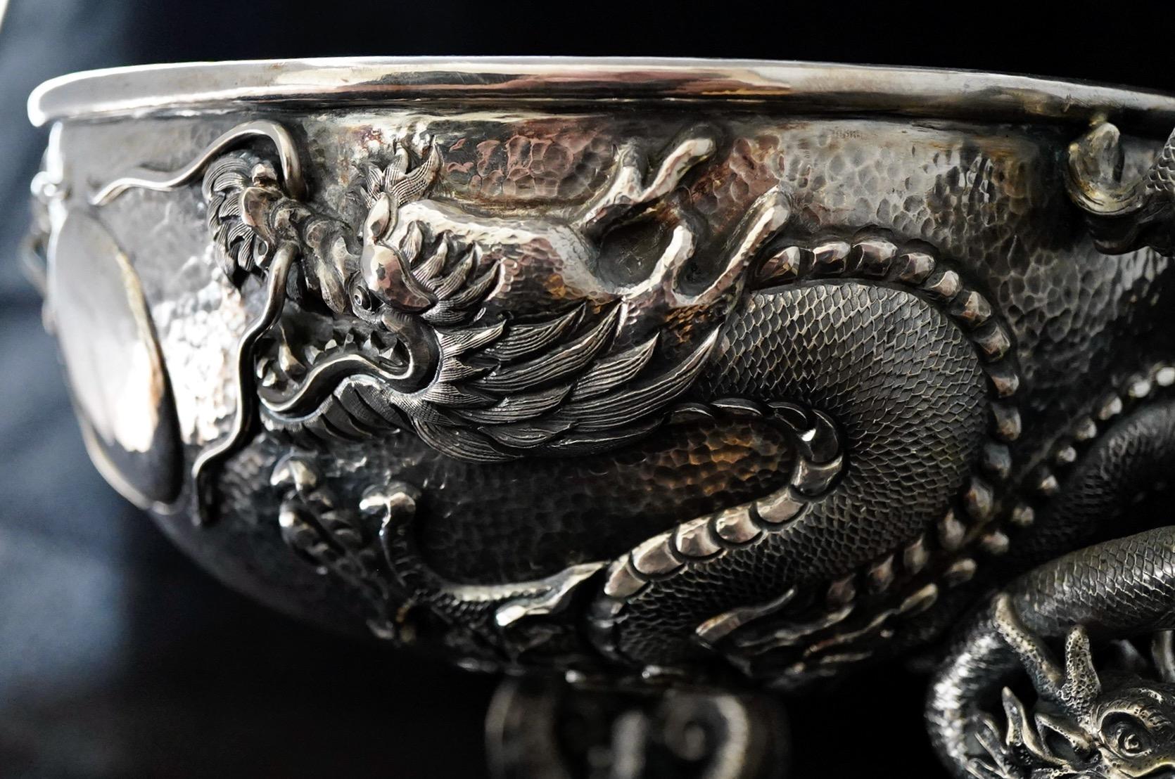 Chinese Export Silver Dragon Repousse Centerpiece For Sale 4