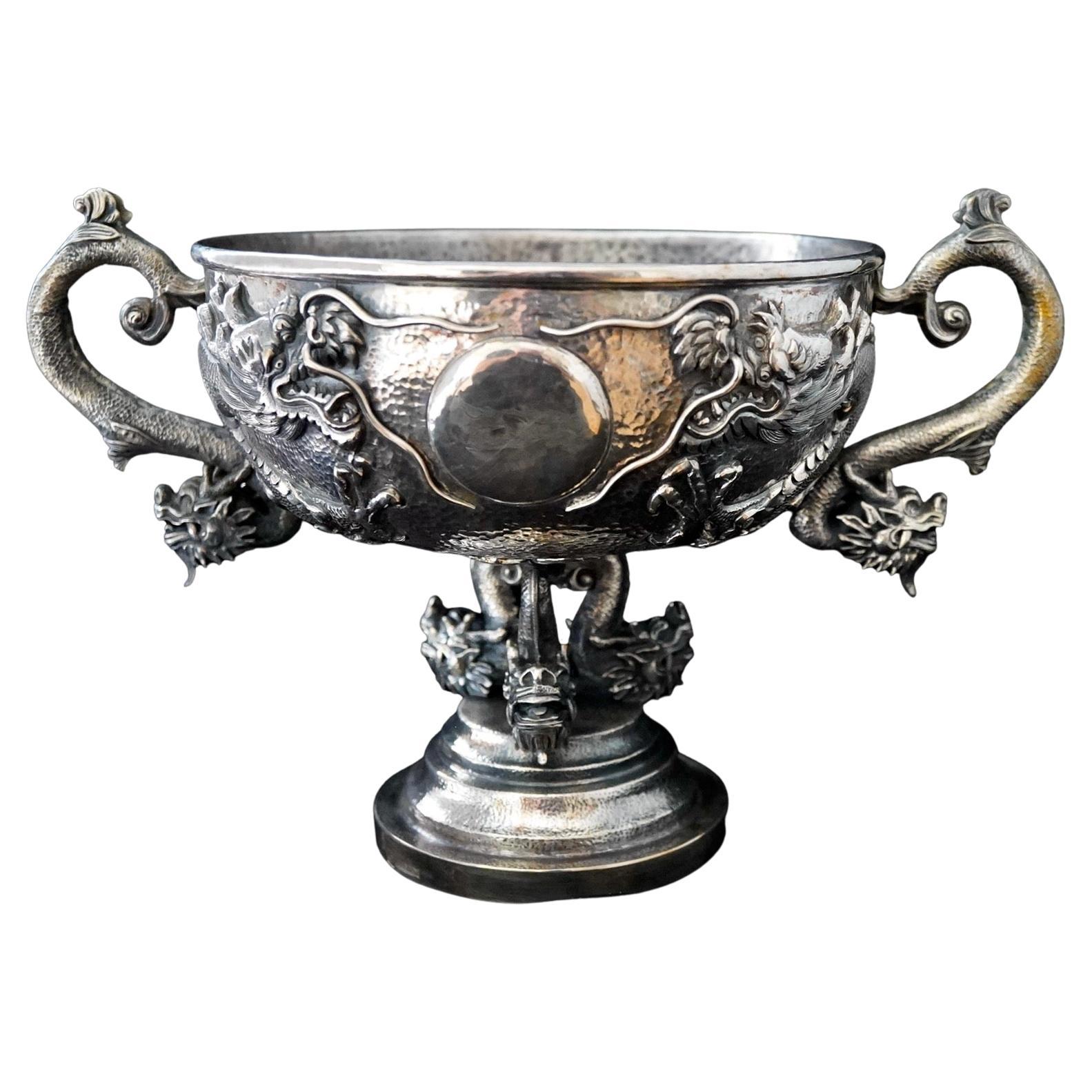 Chinese Export Silver Dragon Repousse Centerpiece For Sale