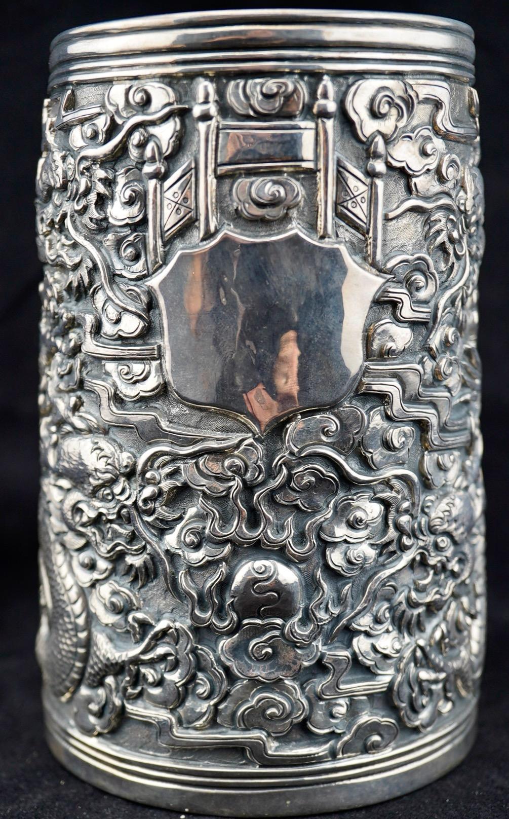 19th Century Chinese Export Silver Dragon Repousse Tanakard For Sale