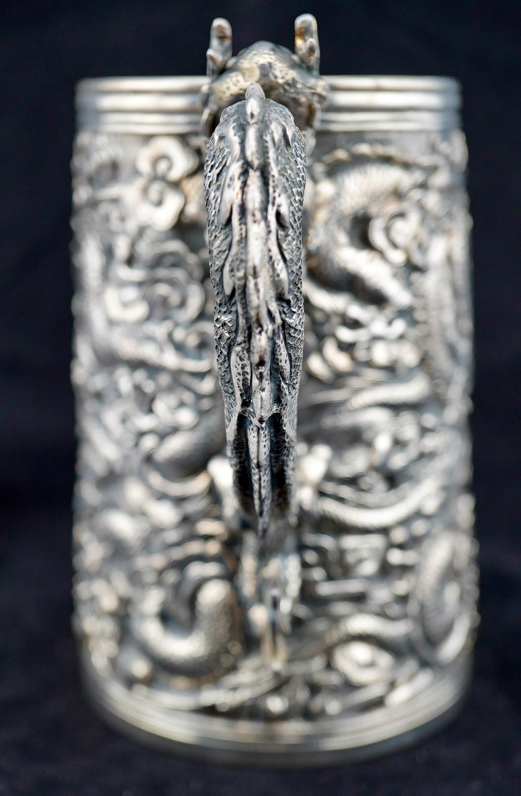 Chinese Export Silver Dragon Repousse Tanakard For Sale 1