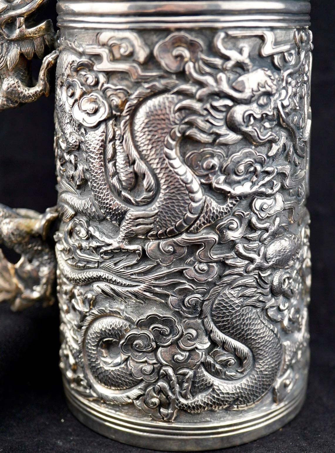 Chinese Export Silver Dragon Repousse Tanakard For Sale 2
