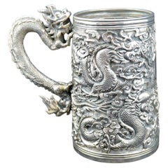 Antique Chinese Export Silver Dragon Repousse Tanakard