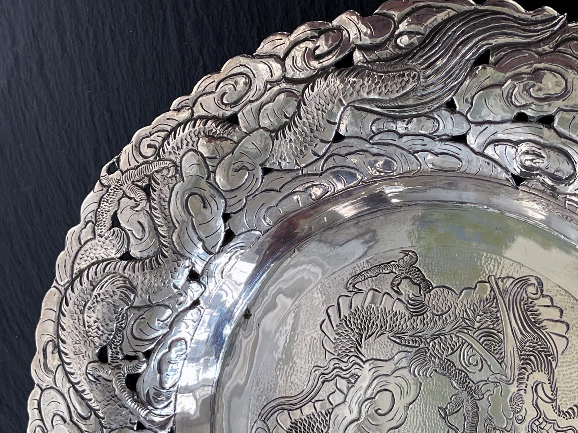 Chinese Export Silver Dragon Serving Tray For Sale 5