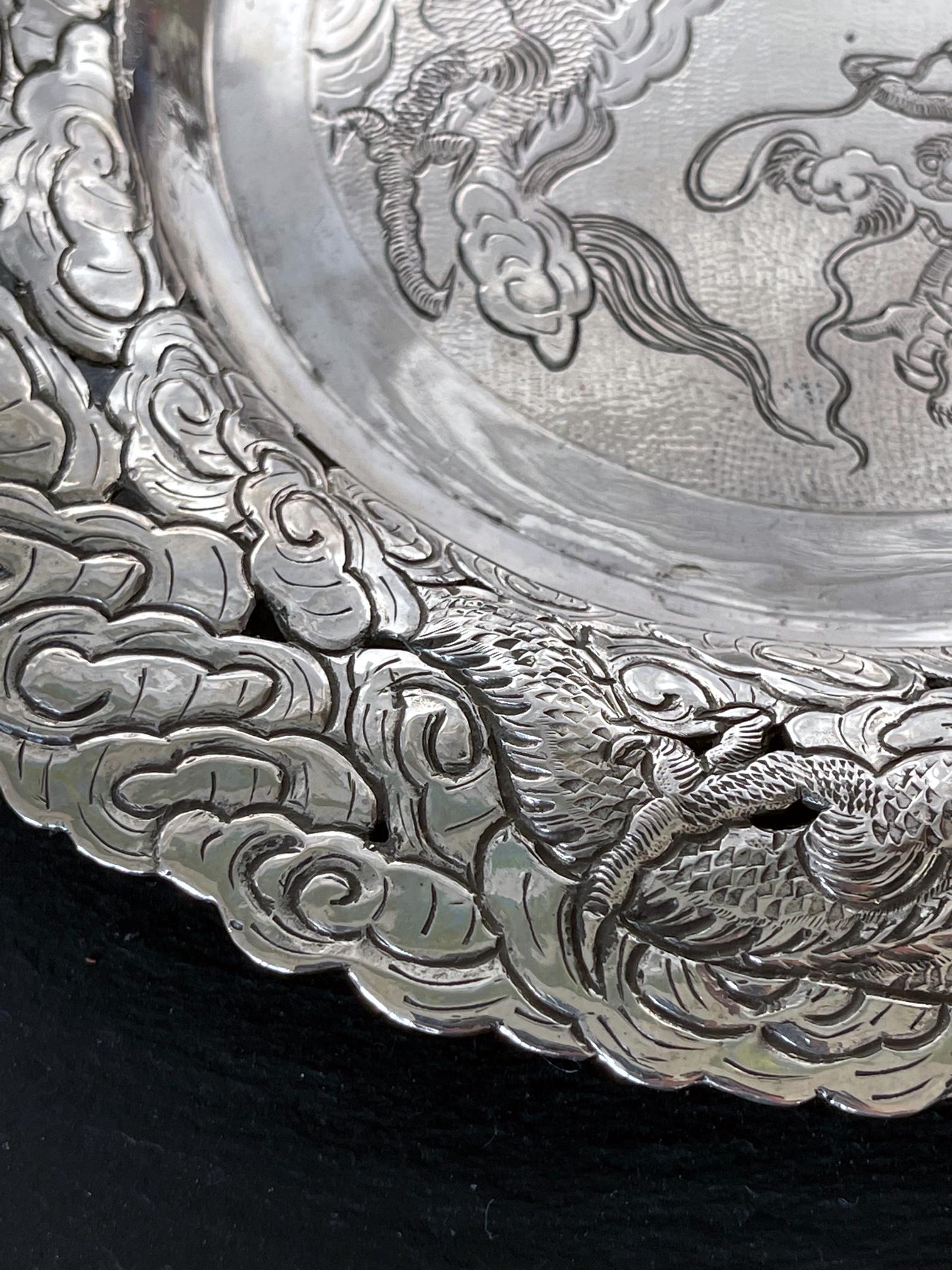 Chinese Export Silver Dragon Serving Tray For Sale 6