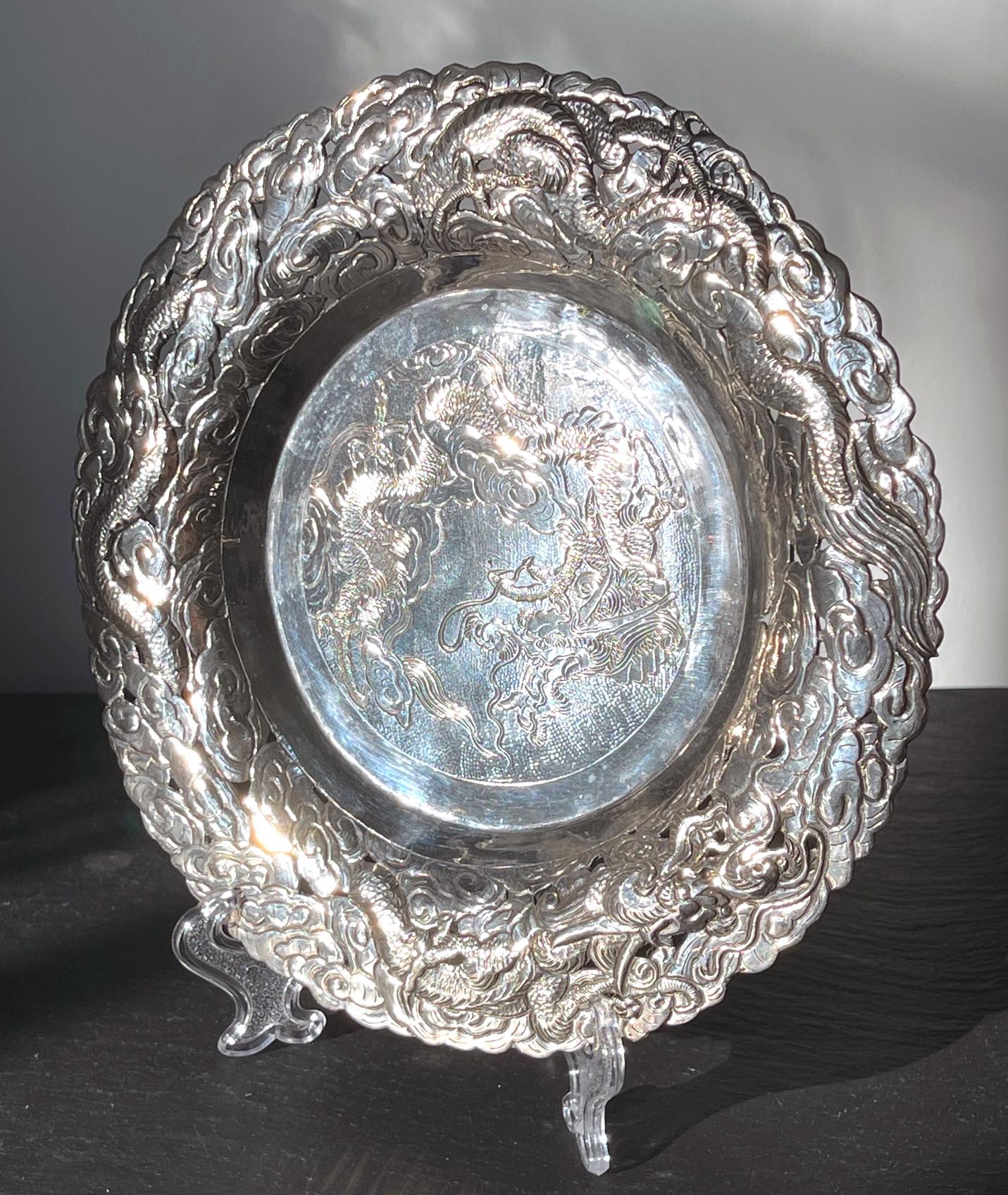 20th Century Chinese Export Silver Dragon Serving Tray For Sale