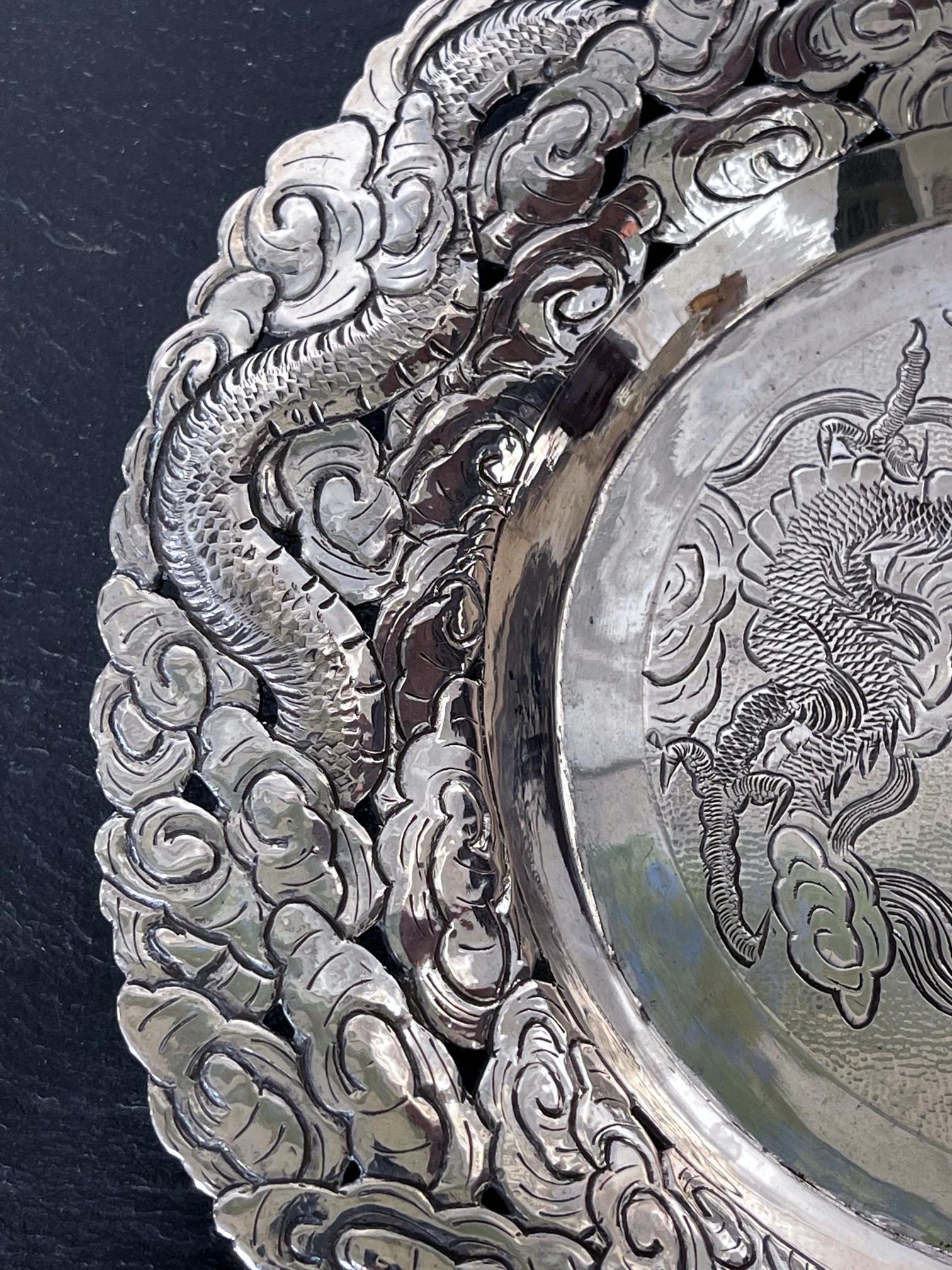 Chinese Export Silver Dragon Serving Tray For Sale 3
