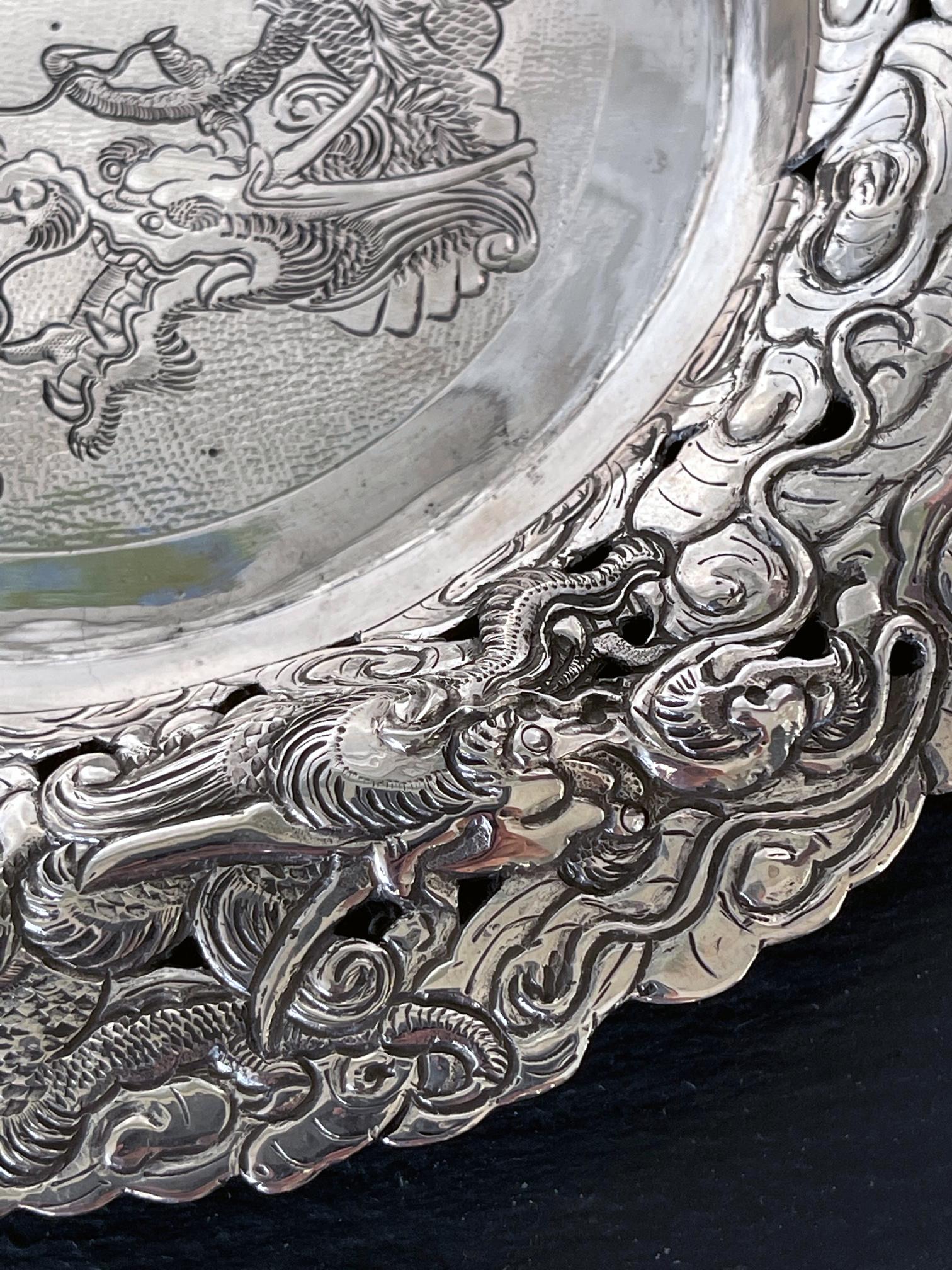 Chinese Export Silver Dragon Serving Tray For Sale 4