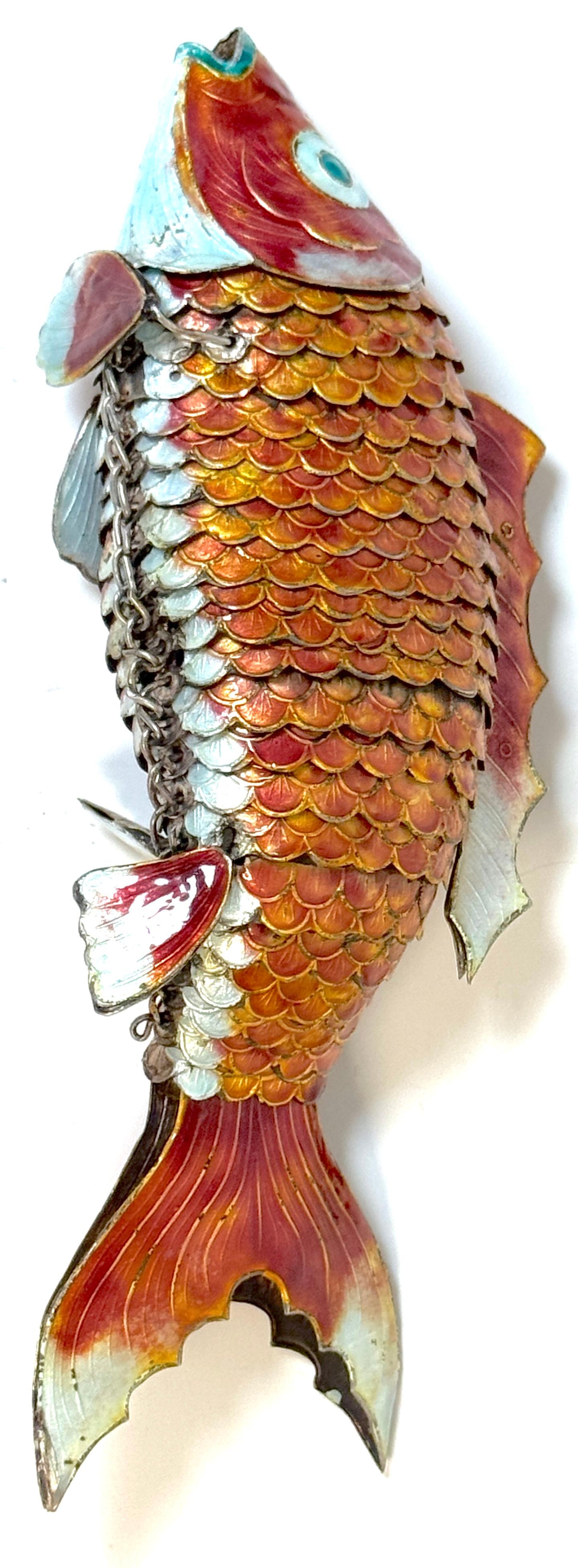 Chinese Export Silver & Enameled Articulated Carp Lotus and Wave Stand, C. 1900 For Sale 4