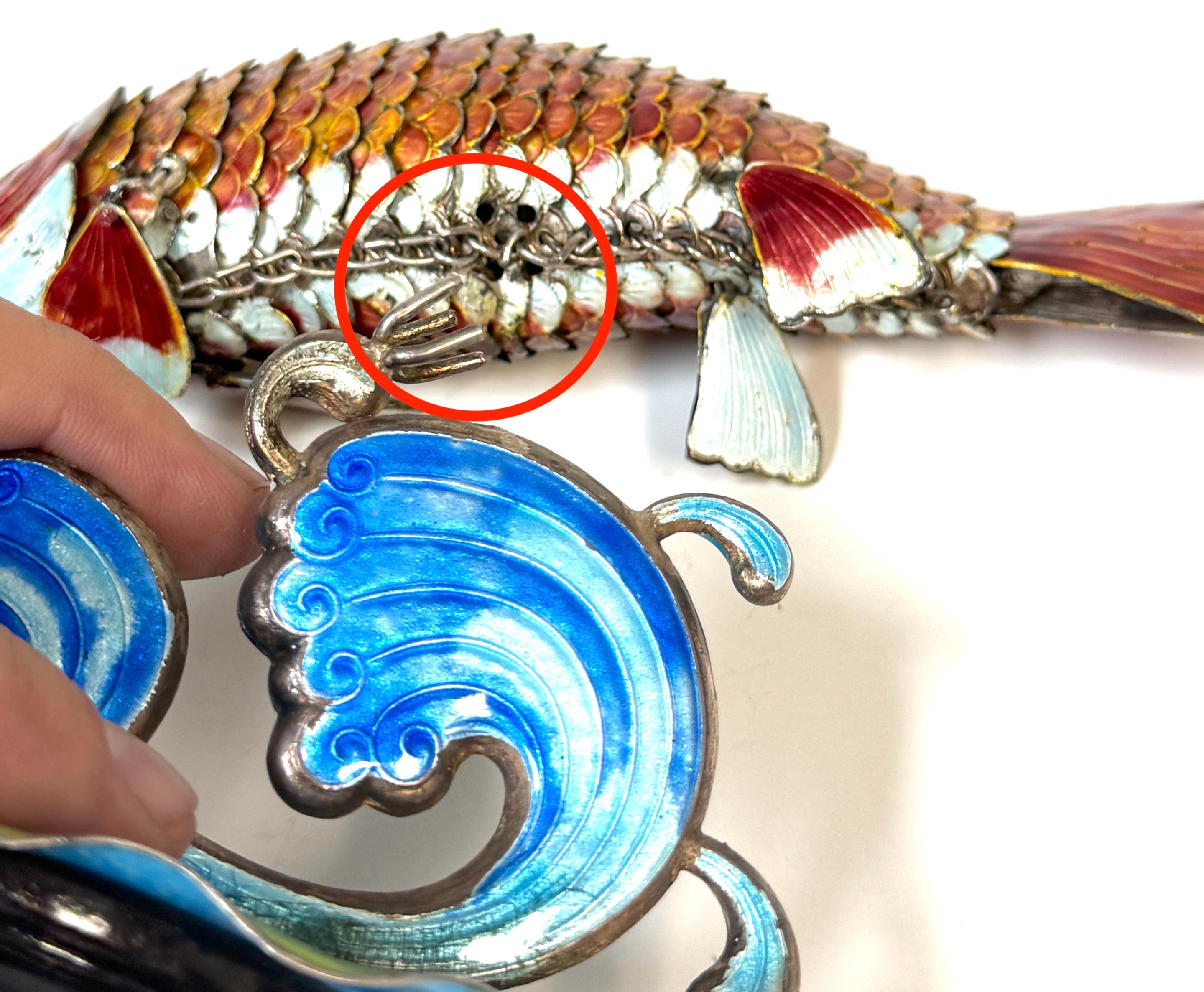 Chinese Export Silver & Enameled Articulated Carp Lotus and Wave Stand, C. 1900 For Sale 6