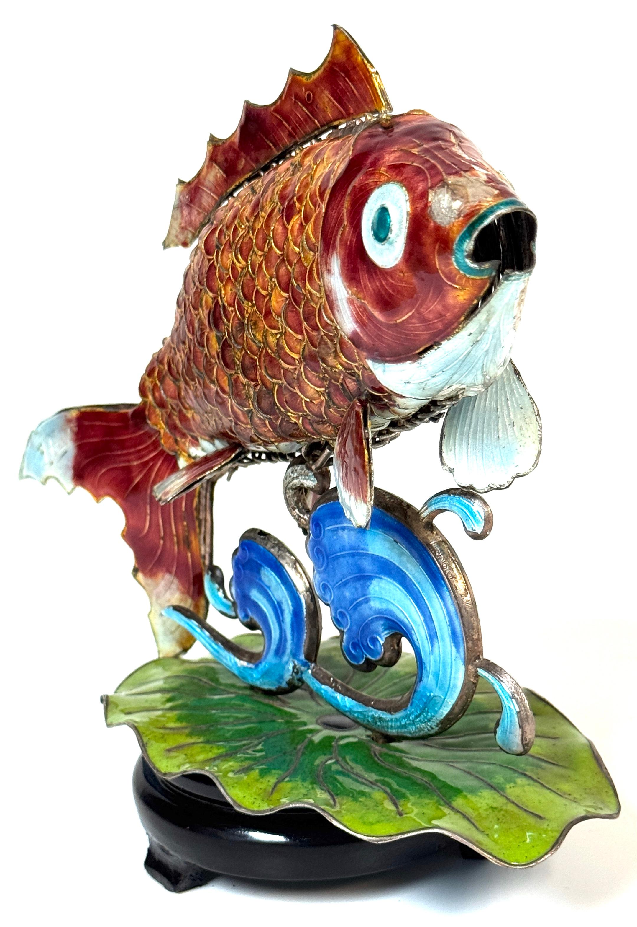 Chinese Export Silver & Enameled Articulated Carp Lotus and Wave Stand, C. 1900 For Sale 7