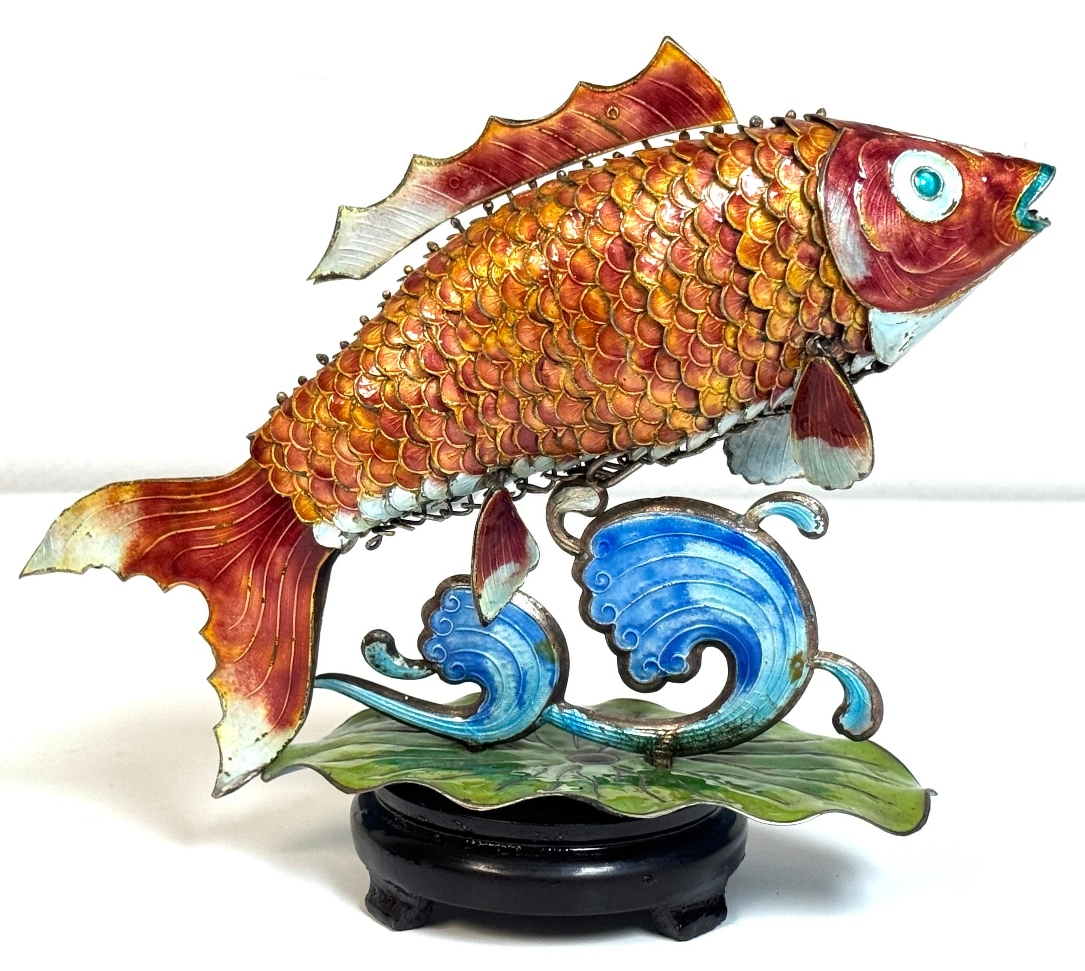 Chinese Export Silver & Enameled Articulated Carp Lotus and Wave Stand, C. 1900 For Sale 9