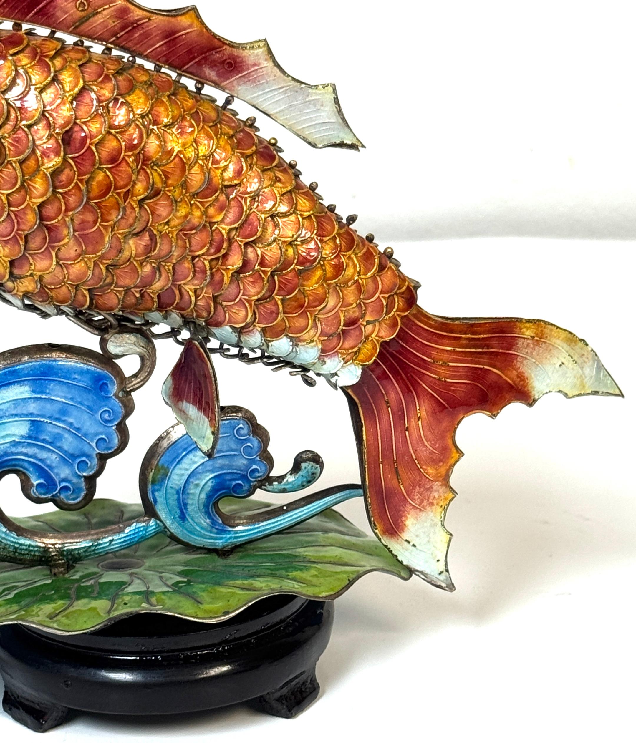 Chinese Export Silver & Enameled Articulated Carp Lotus and Wave Stand, C. 1900 For Sale 11
