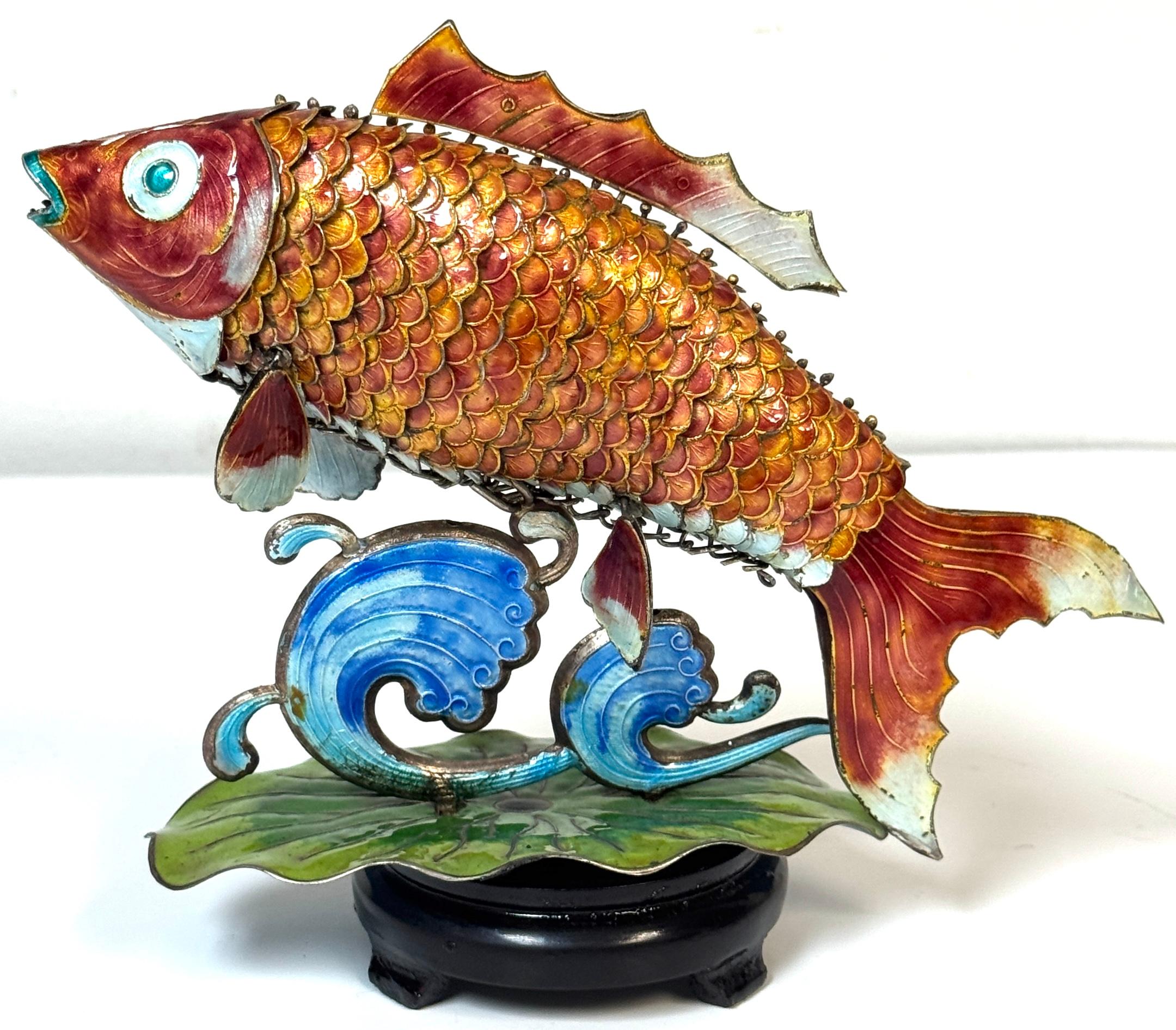 Chinese Export Silver & Enameled Articulated Carp Lotus and Wave Stand, C. 1900 For Sale 12