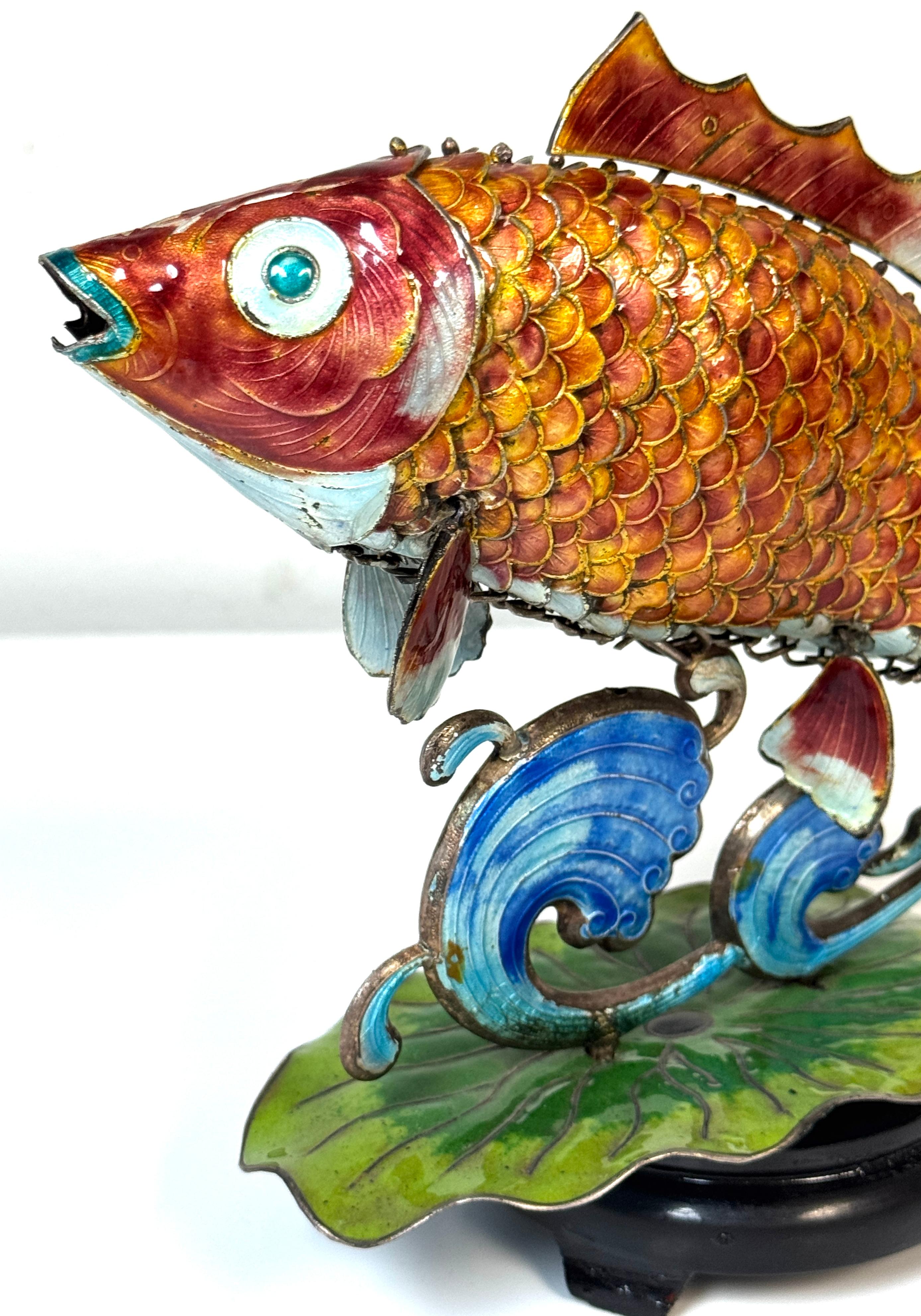 Chinese Export Silver & Enameled Articulated Carp Lotus and Wave Stand, C. 1900 For Sale 13