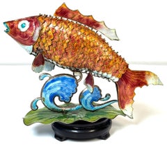 Chinese Export Silver & Enameled Articulated Carp Lotus and Wave Stand, C. 1900
