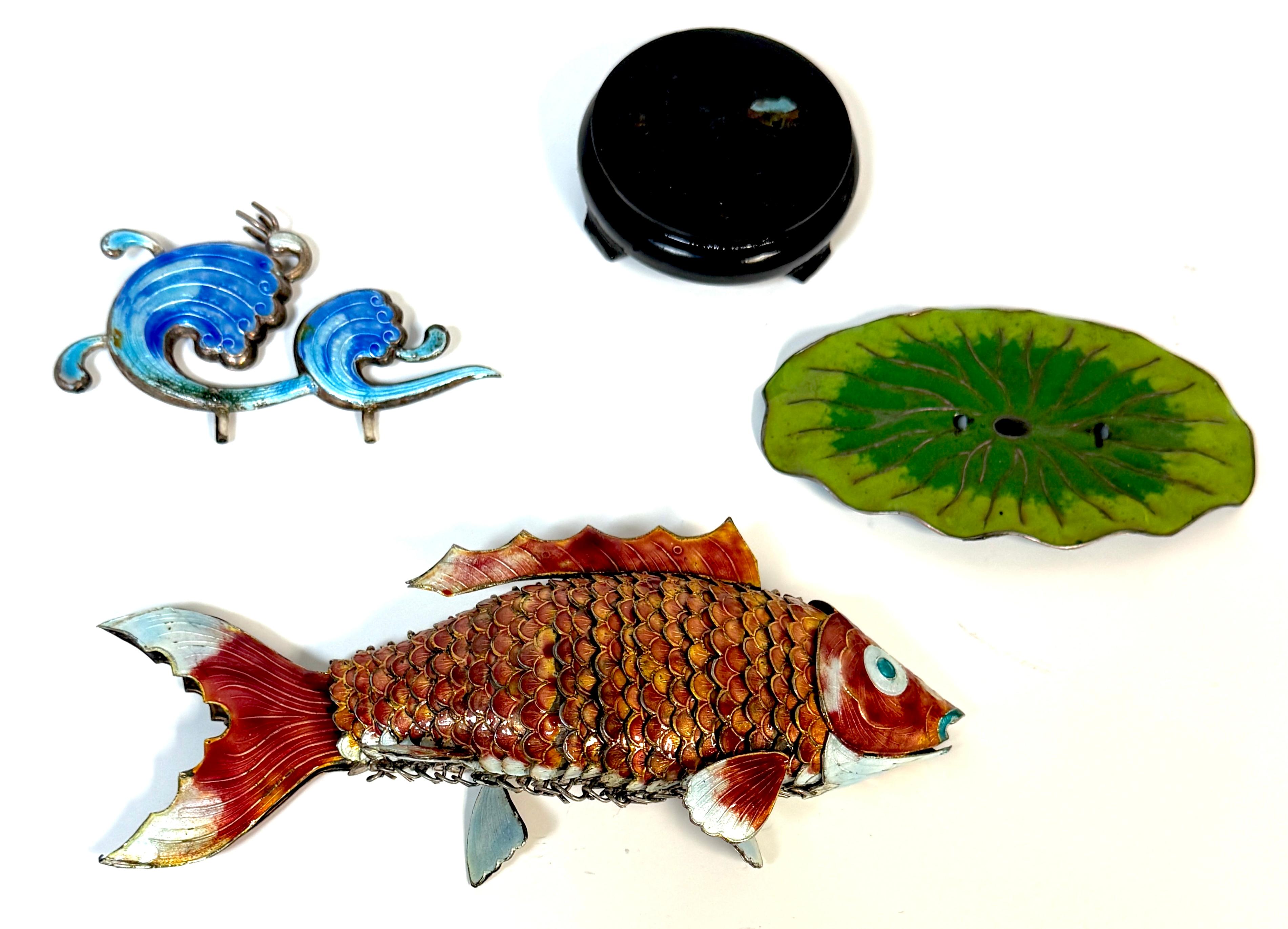 Carved Chinese Export Silver & Enameled Articulated Carp Lotus and Wave Stand, C. 1900 For Sale
