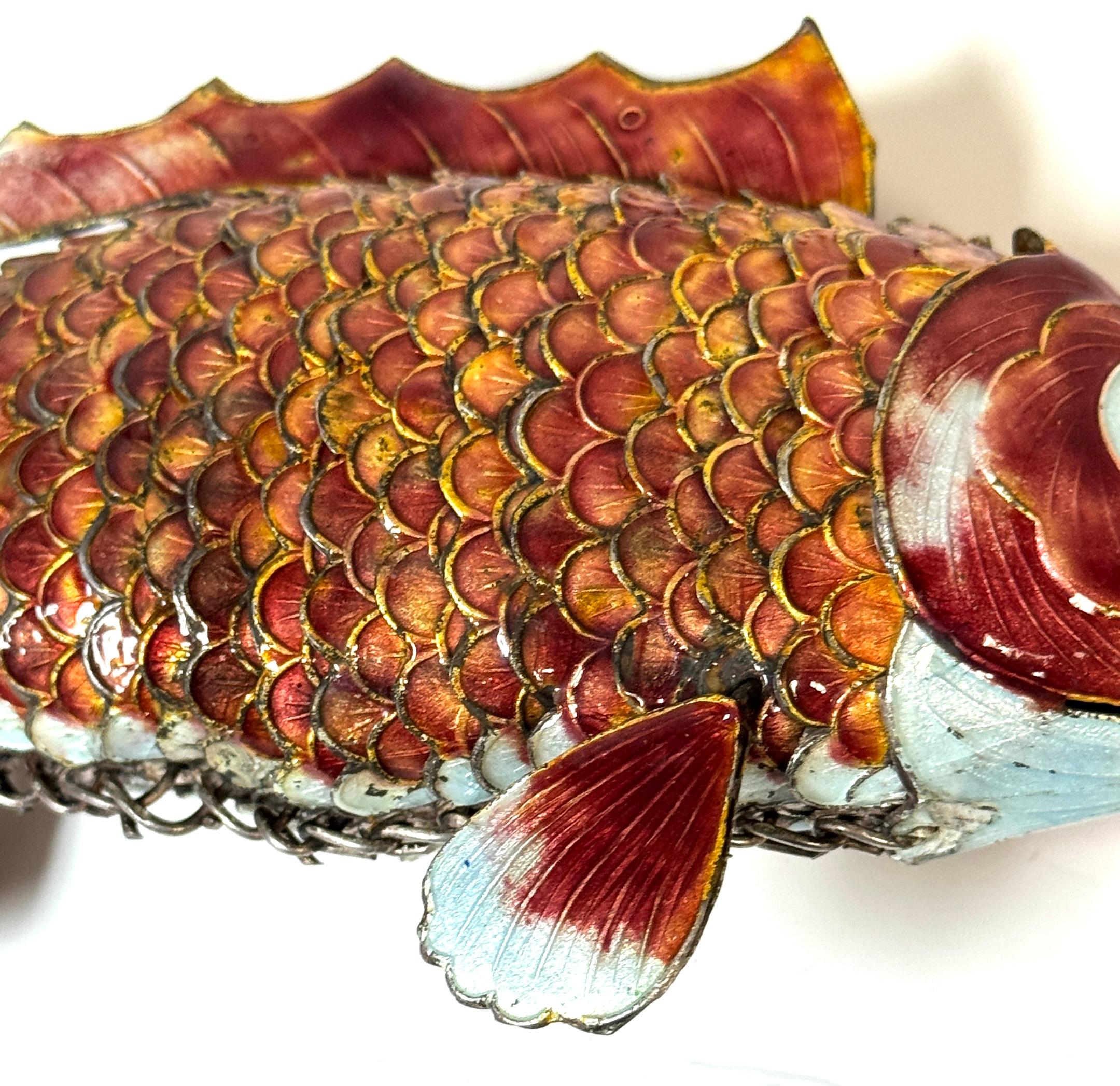 Chinese Export Silver & Enameled Articulated Carp Lotus and Wave Stand, C. 1900 For Sale 1