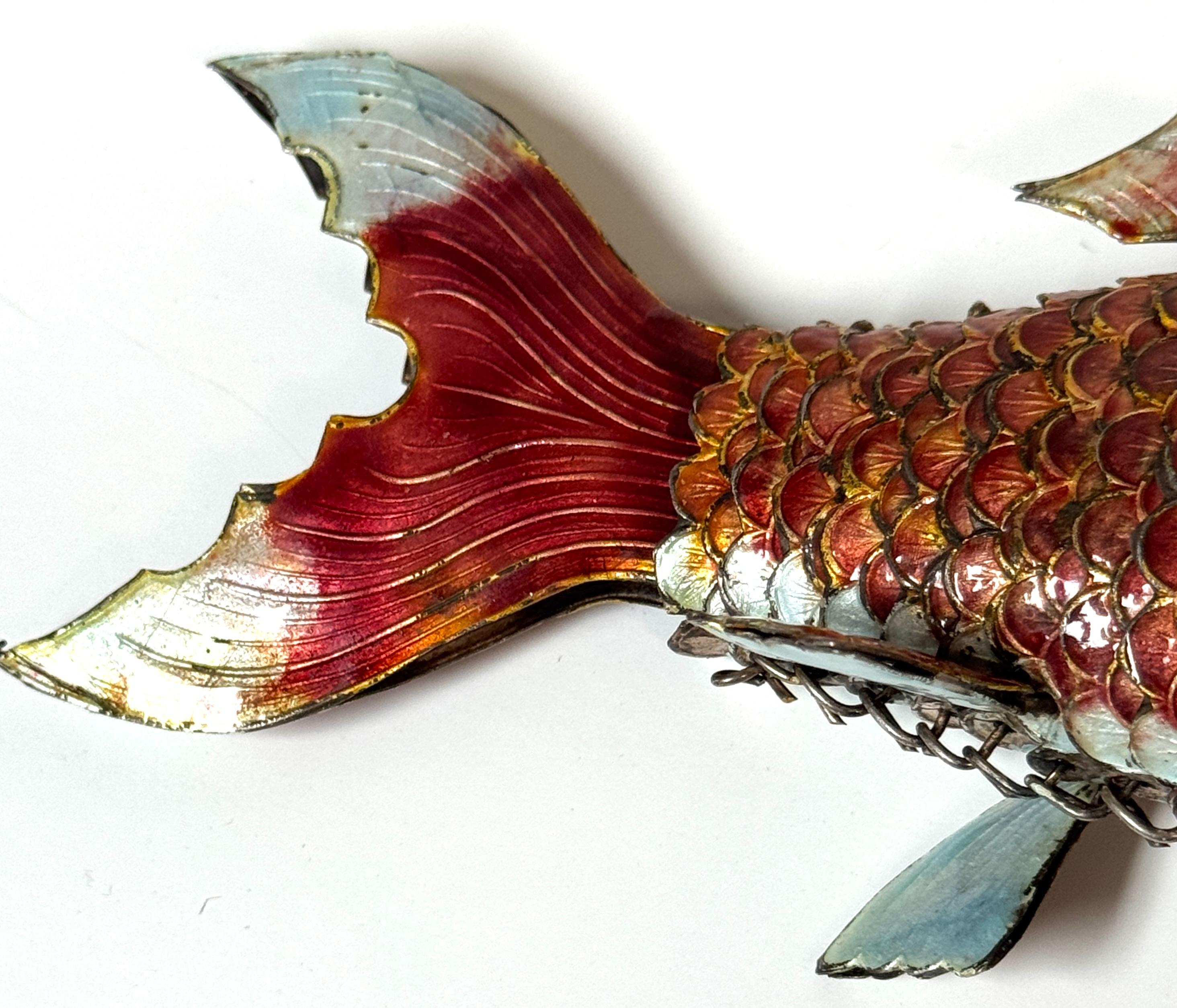 Chinese Export Silver & Enameled Articulated Carp Lotus and Wave Stand, C. 1900 For Sale 2