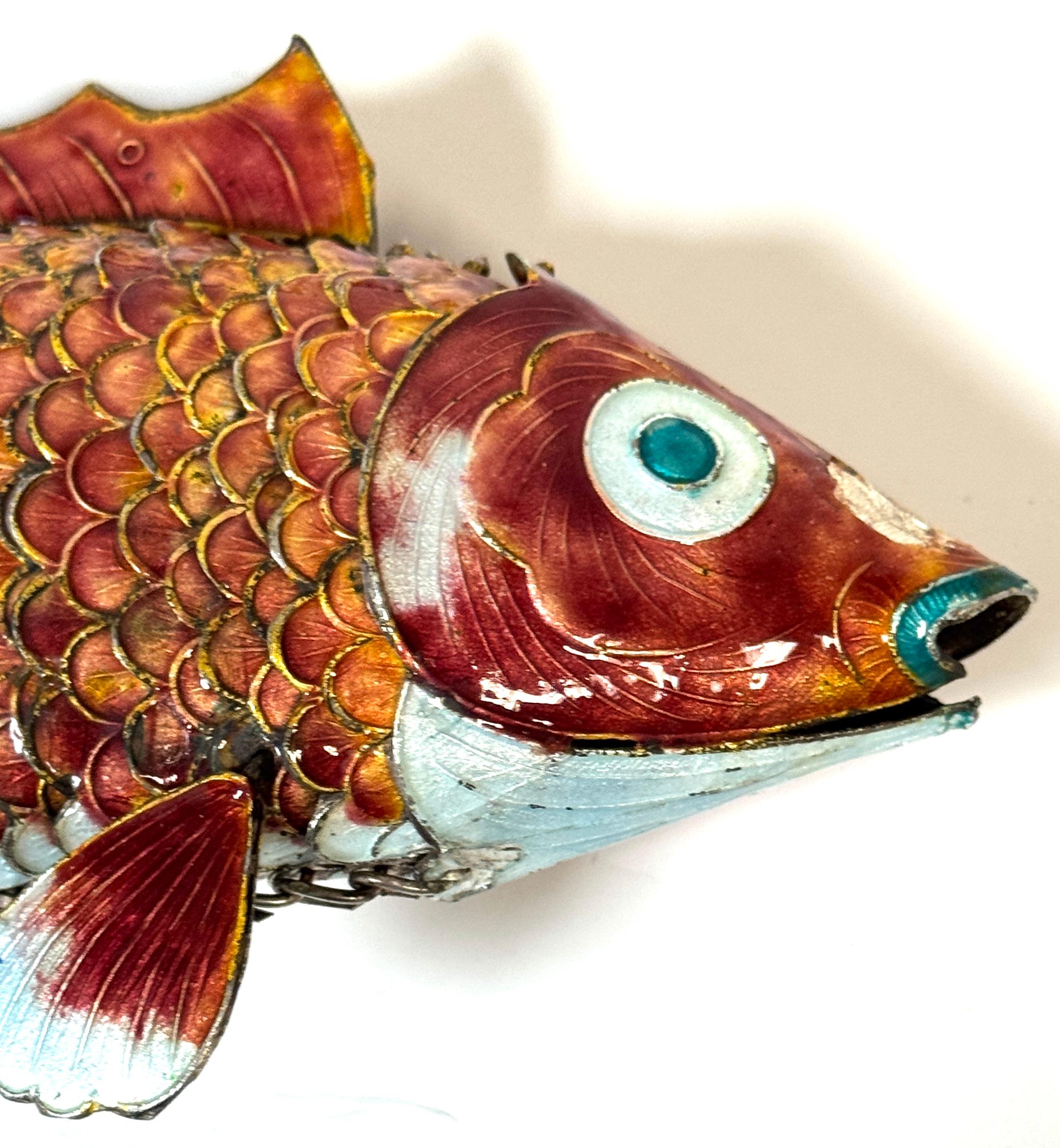Chinese Export Silver & Enameled Articulated Carp Lotus and Wave Stand, C. 1900 For Sale 3