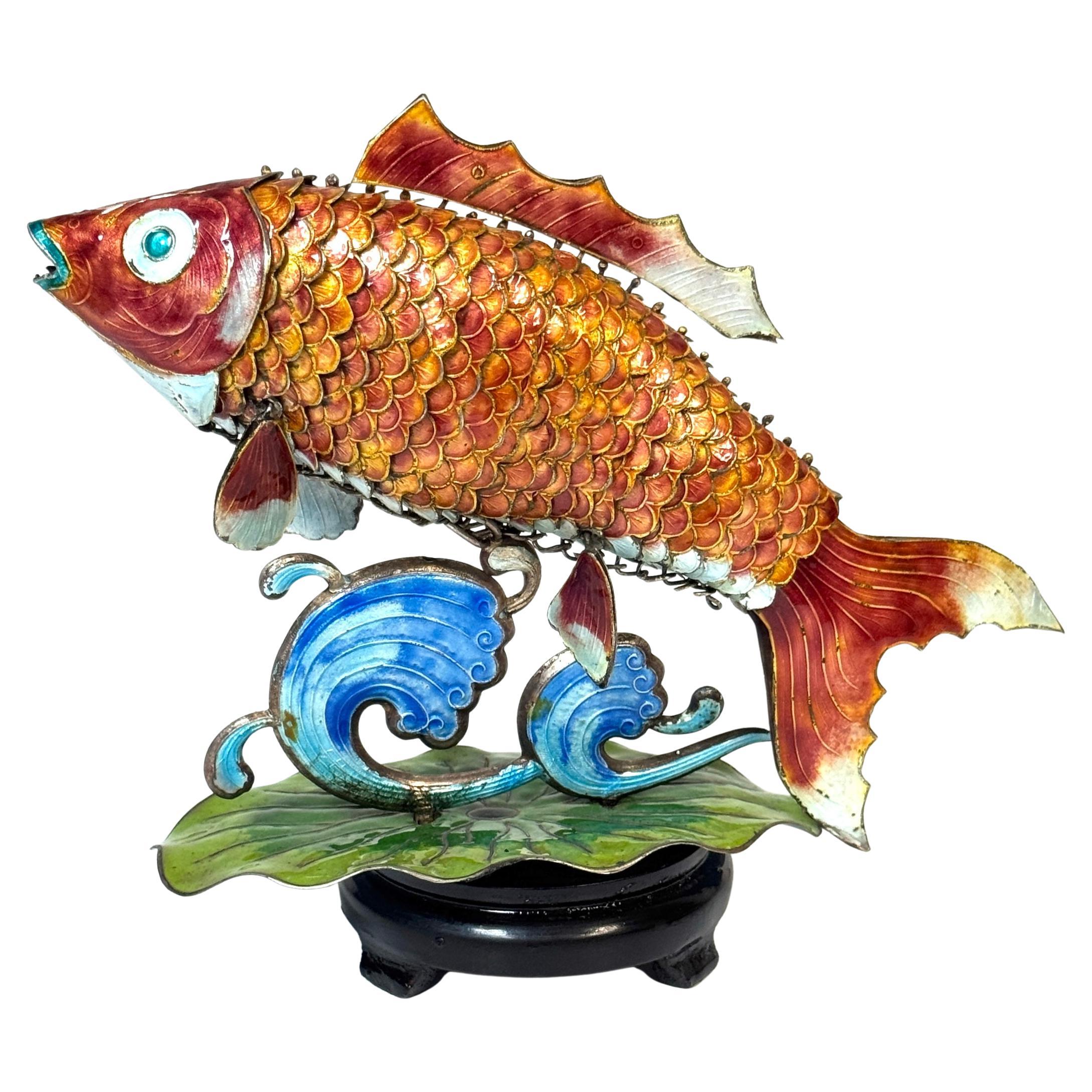 Chinese Export Silver & Enameled Articulated Carp Lotus and Wave Stand, C. 1900 For Sale