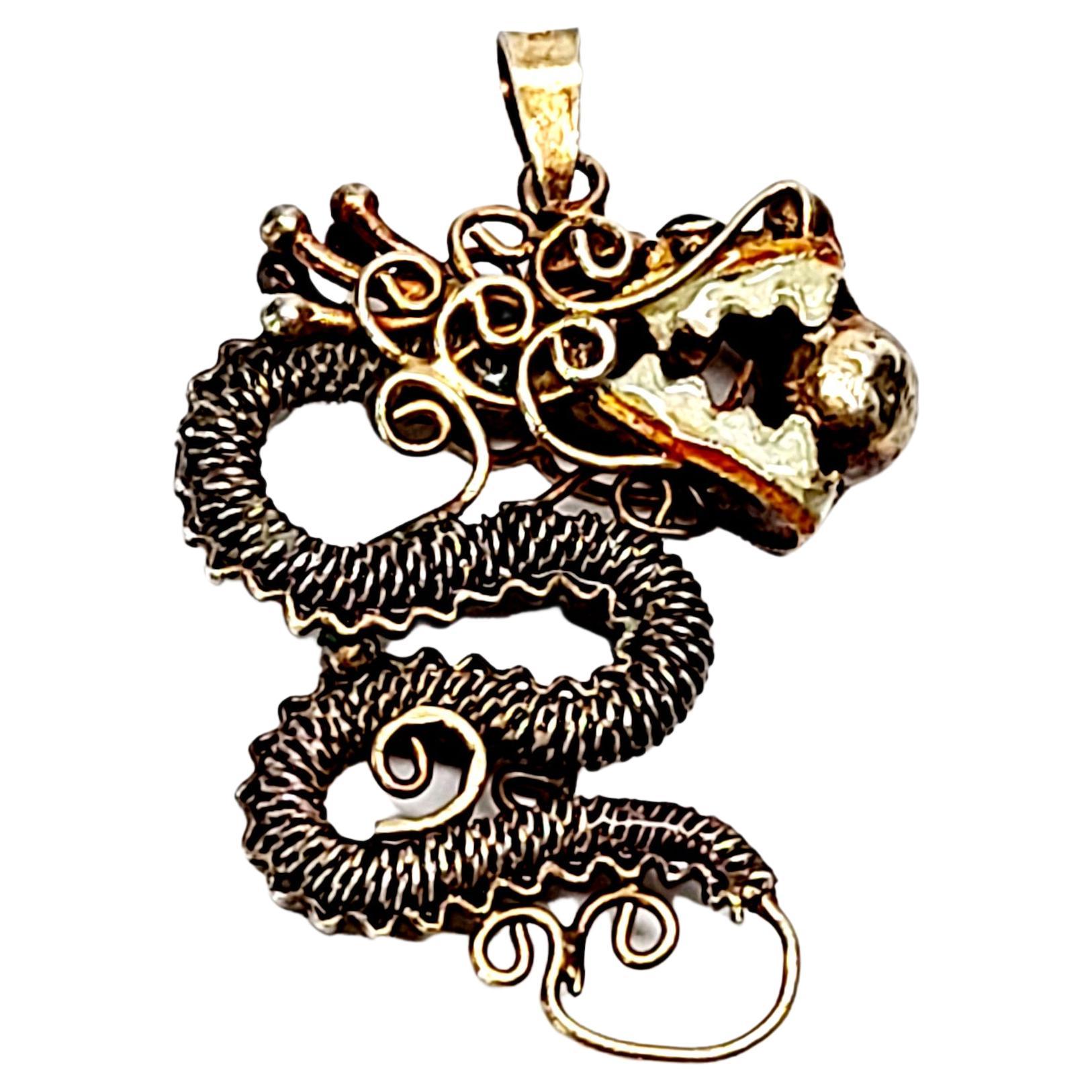Chinese Export Silver Gilt and Enamel Mesh Dragon Pendant