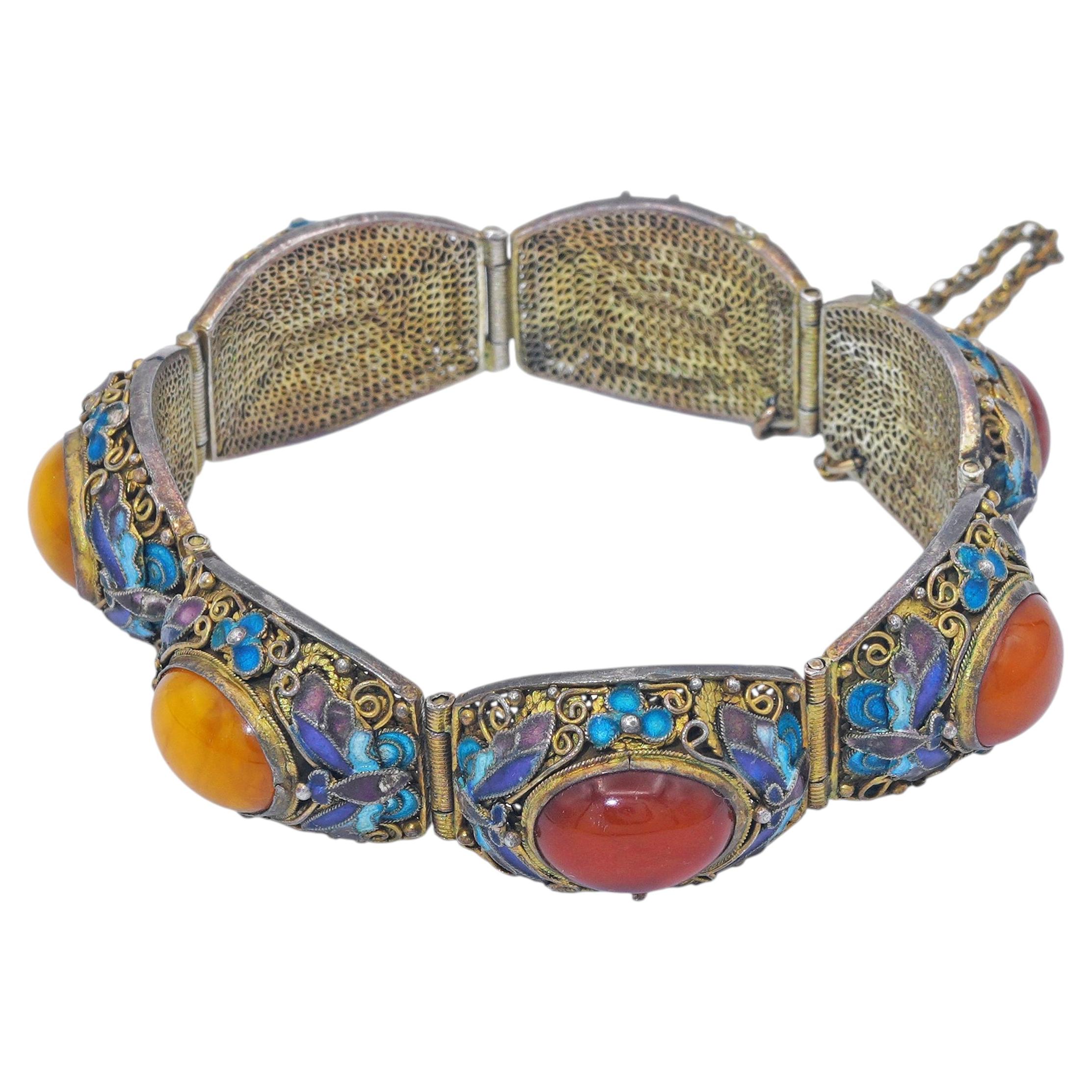 Bracciale d'argento dorato con smalto e ambra d'esportazione cinese