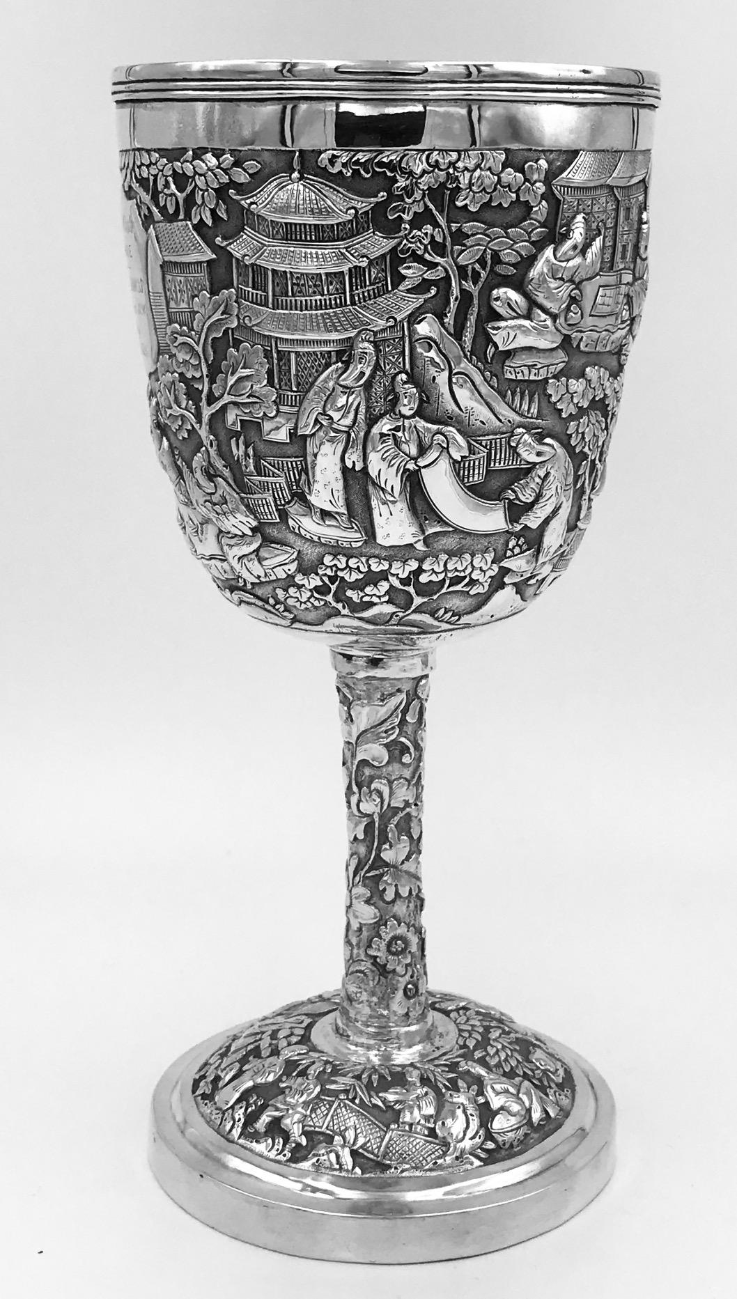 Embossed Chinese Export Silver Goblet