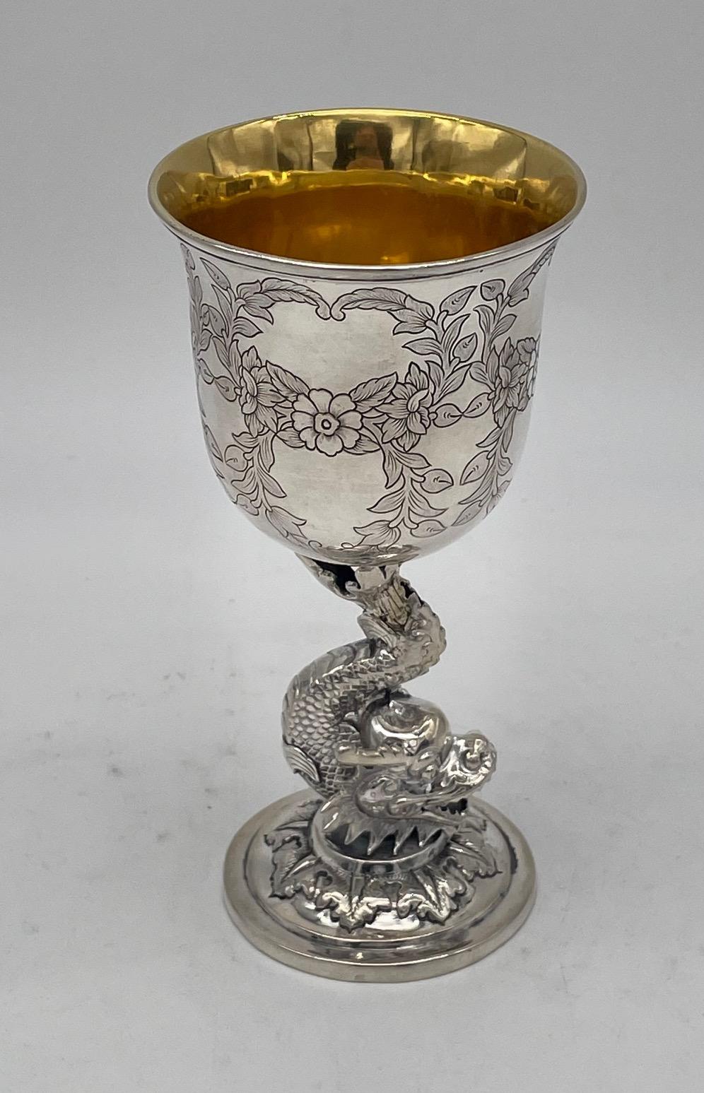 Late 19th Century Chinese Export Silver Goblet With Dragon Stem For Sale