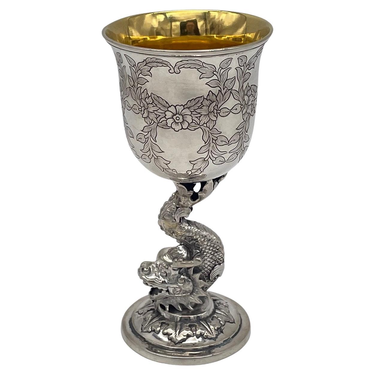 Chinese Export Silver Goblet With Dragon Stem