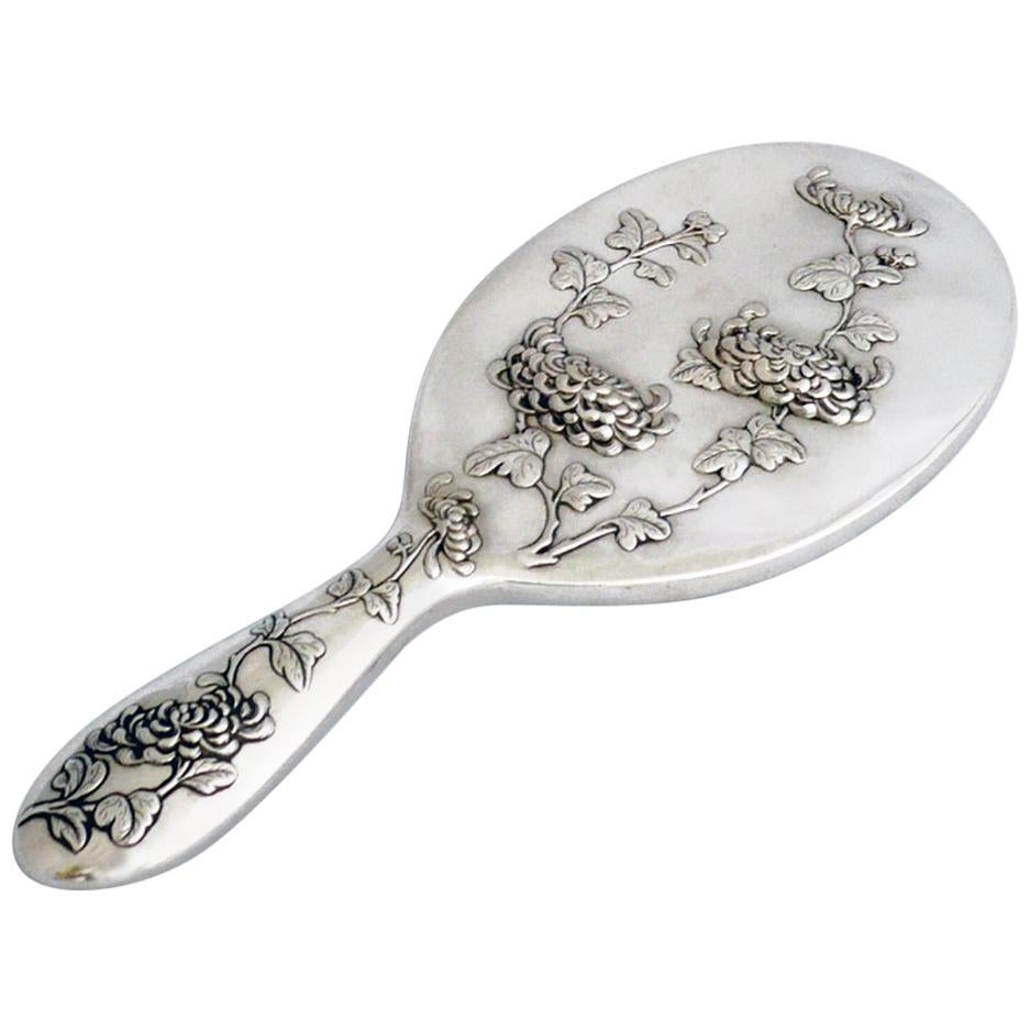 Chinese Export Silver Hand Mirror with Chrysanthemum Detail For Sale